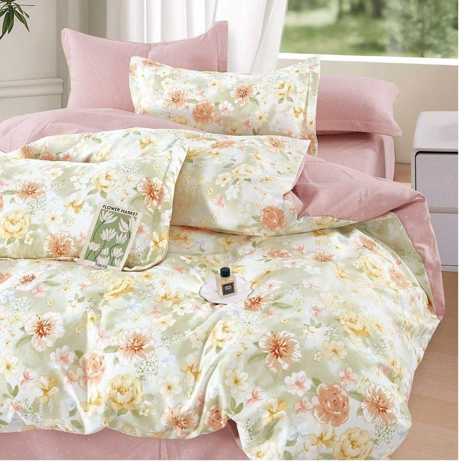 Lenjerie pat dublu, finet gros, elastic, 6 piese, model verde menta cu flori portocalii | East Comfort – imagine produs 4