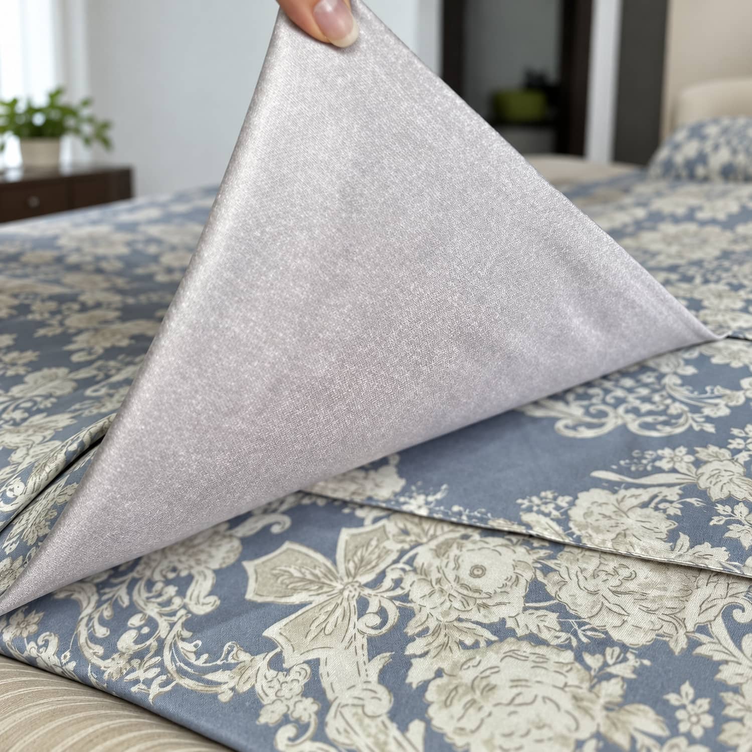 Lenjerie pat dublu, finet gros, elastic, 6 piese, model albastru gri cu damasc | East Comfort – imagine produs 4
