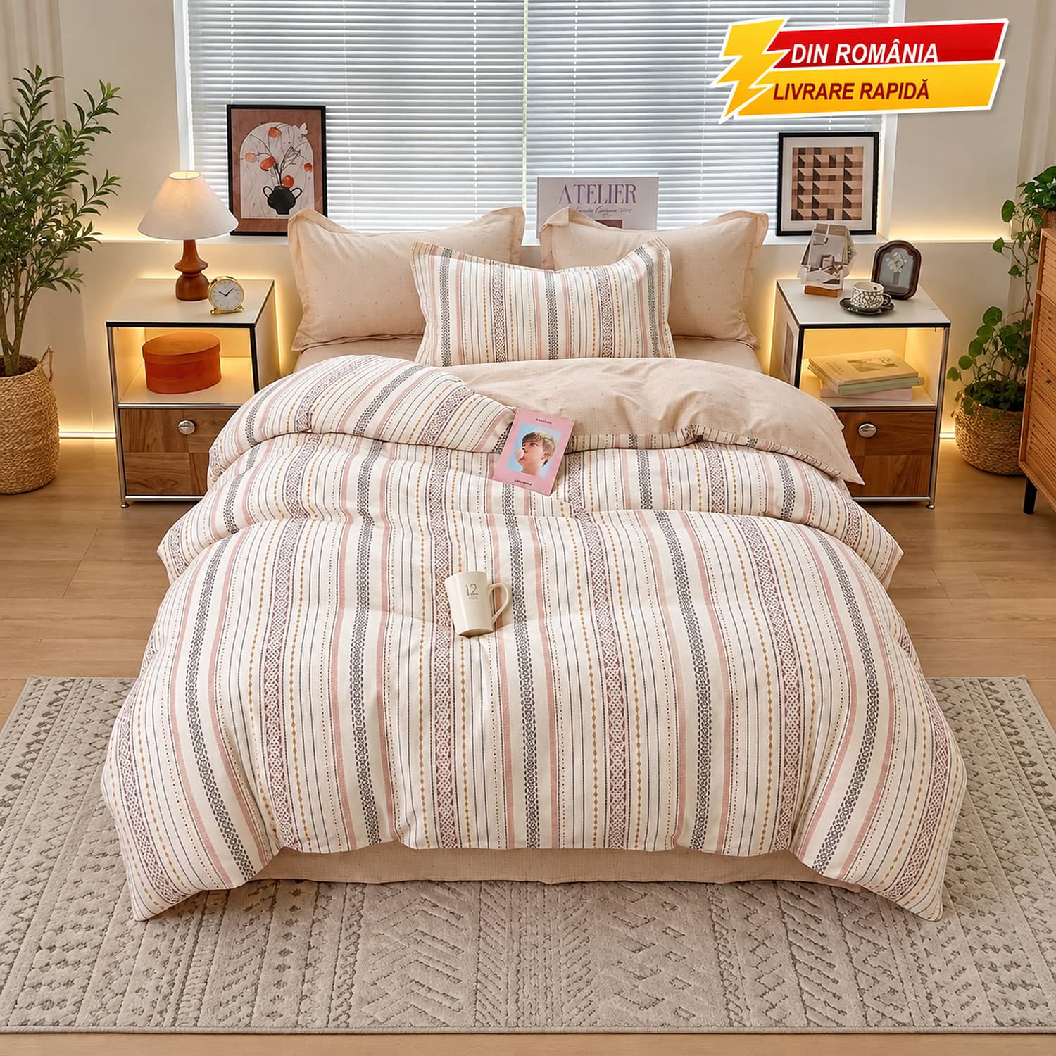 Lenjerie pat dublu, finet gros, elastic, 6 piese, model somon cu dungi fine | East Comfort – imagine produs 4