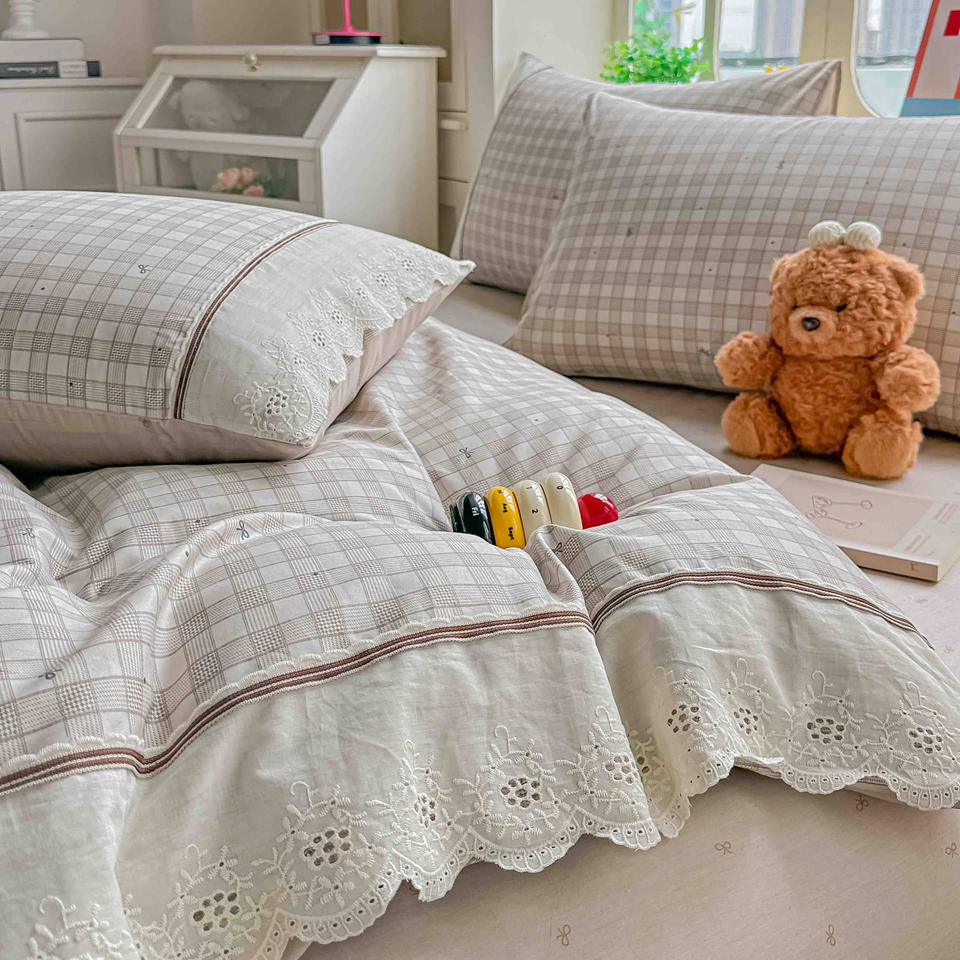 Lenjerie pat dublu, 100% bumbac, elastic, 4 piese, model bej cu carouri |Jojo Home – imagine produs 4
