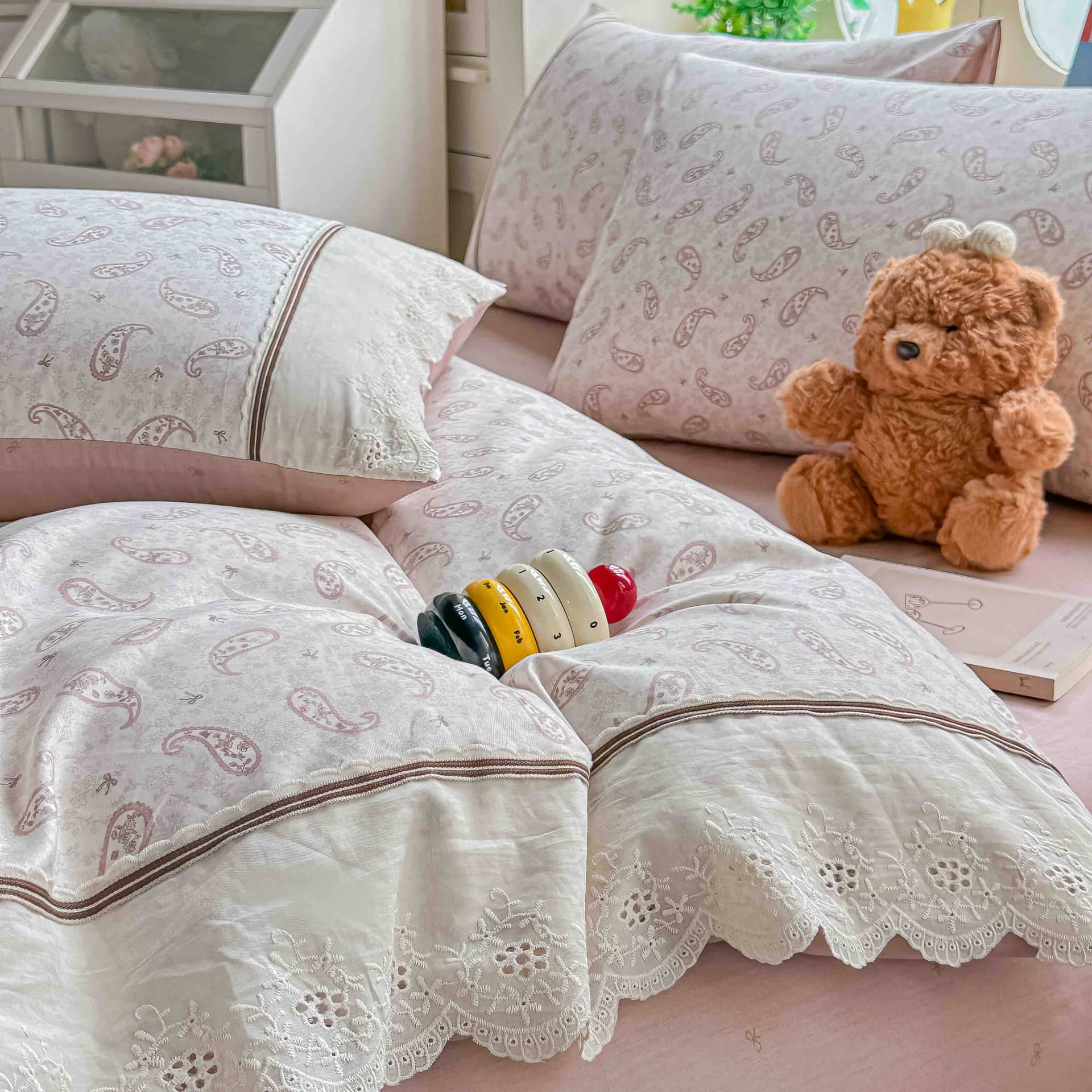 Lenjerie pat dublu, 100% bumbac, elastic, 4 piese, model roz pal cu model paisley |Jojo Home – imagine produs 4