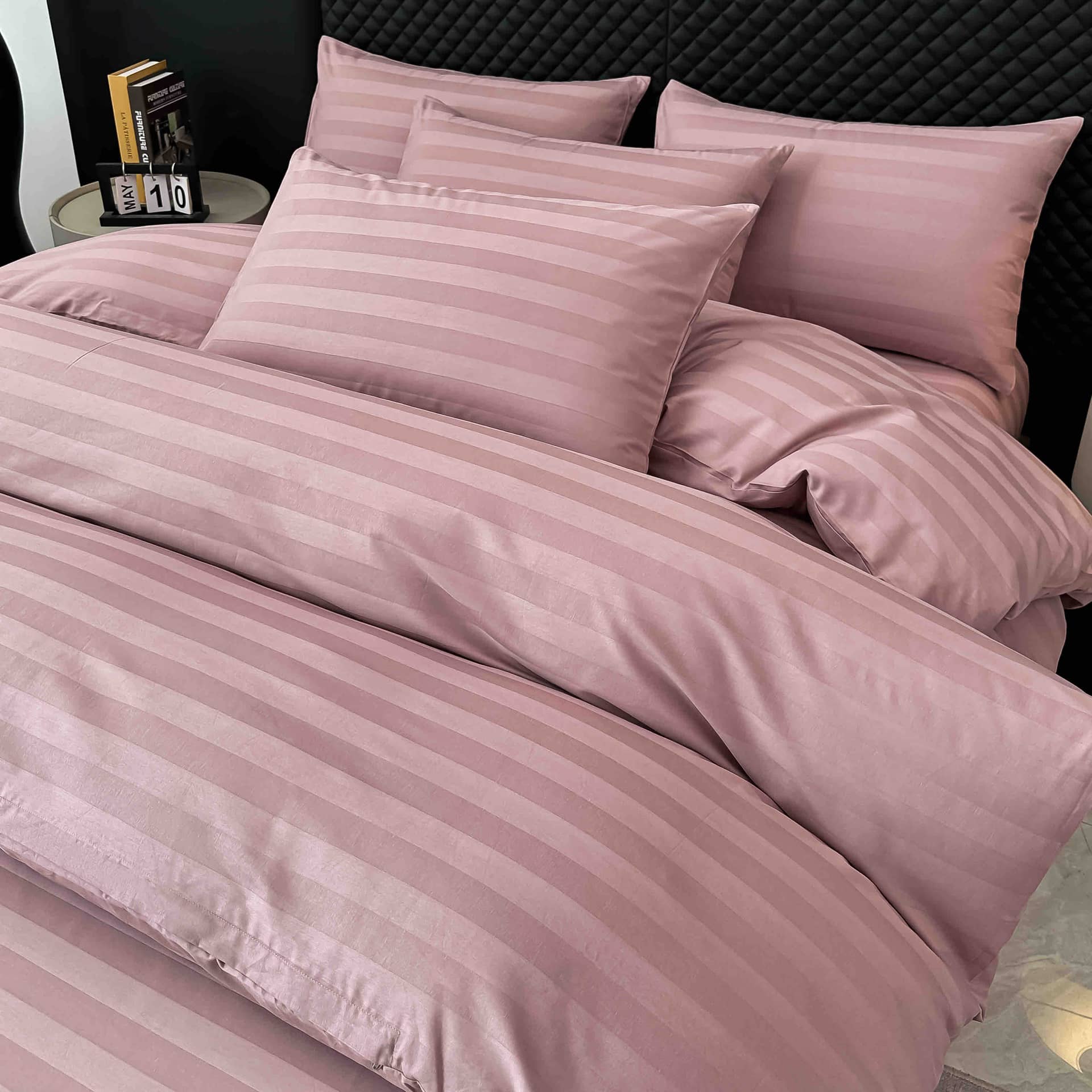 Lenjerie pat dublu, 100% bumbac, Damasc Deluxe, elastic, 6 piese, model roz pudrat cu dungi | Jojo Home – imagine produs 4