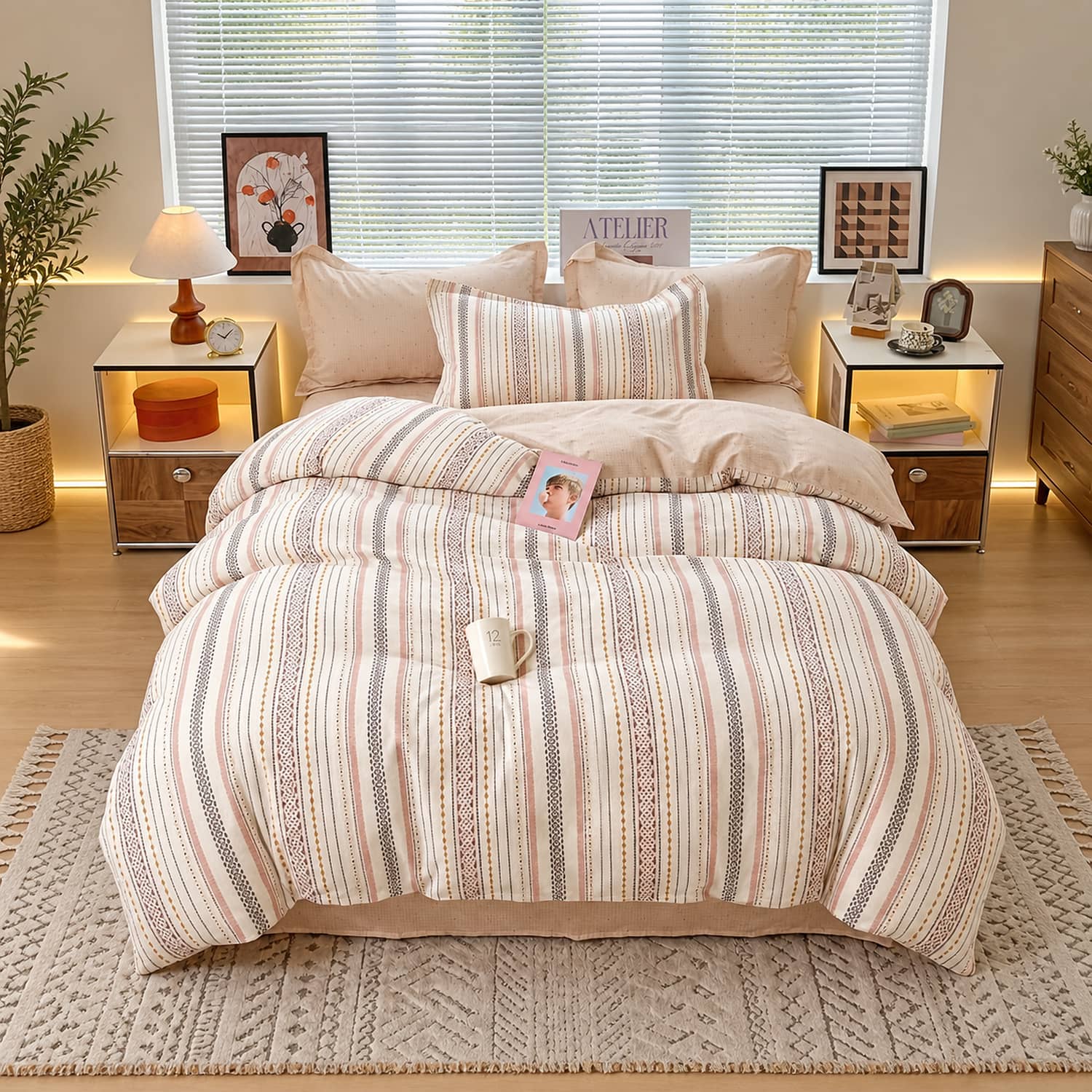 Lenjerie pat dublu, finet gros, elastic, 6 piese, model somon cu dungi fine | East Comfort – imagine produs 5