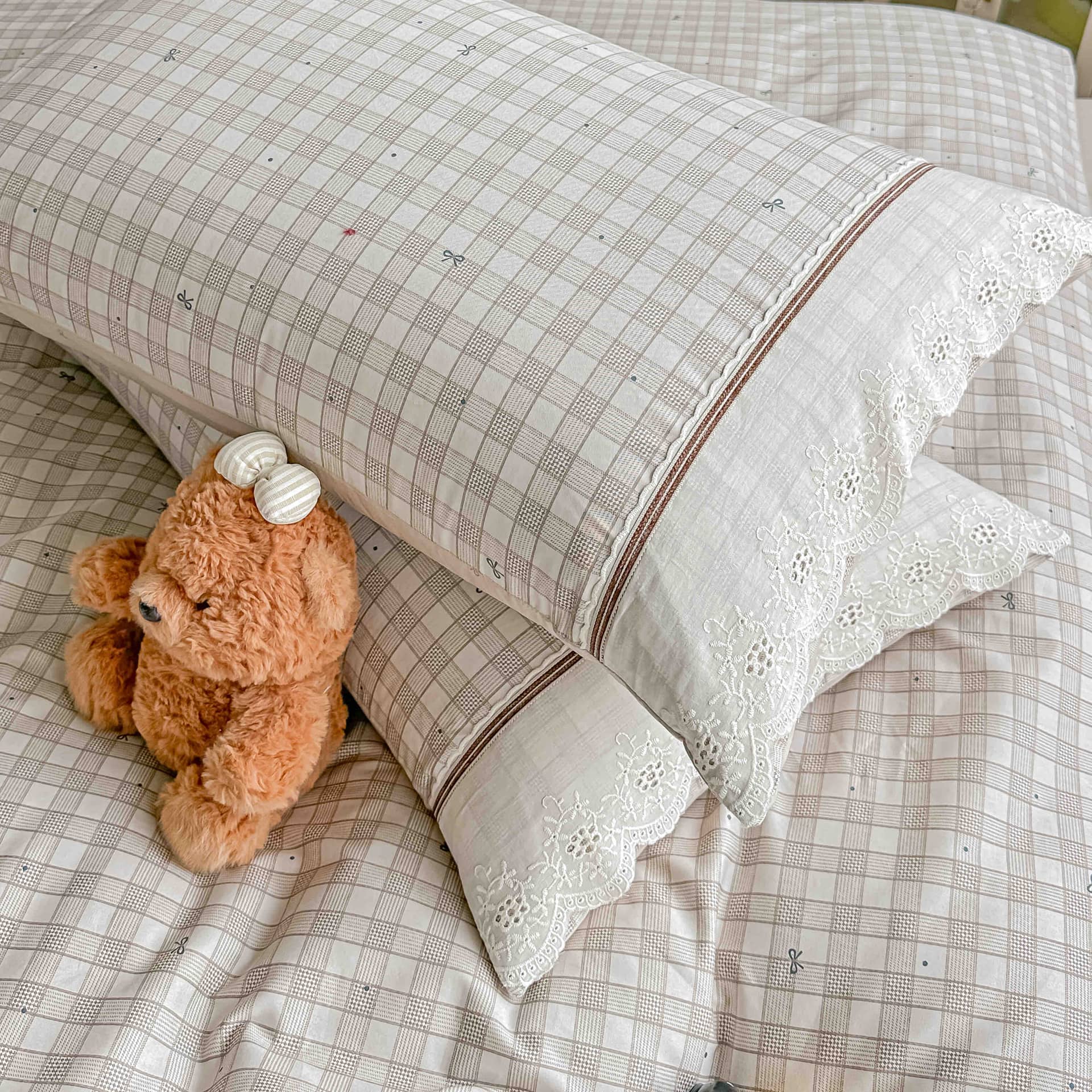 Lenjerie pat dublu, 100% bumbac, elastic, 4 piese, model bej cu carouri |Jojo Home – imagine produs 5
