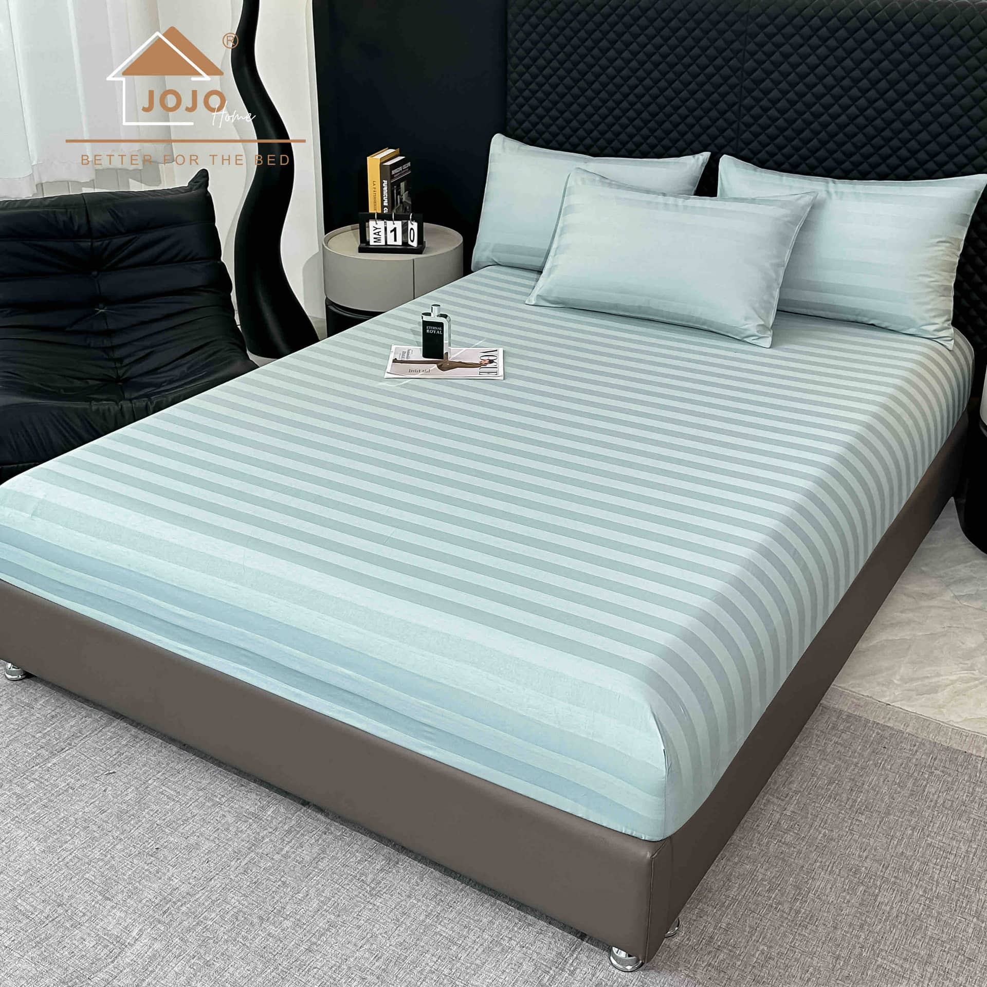 Lenjerie pat dublu, 100% bumbac, Damasc Deluxe, elastic, 6 piese, model bleu cu dungi | Jojo Home – imagine produs 5