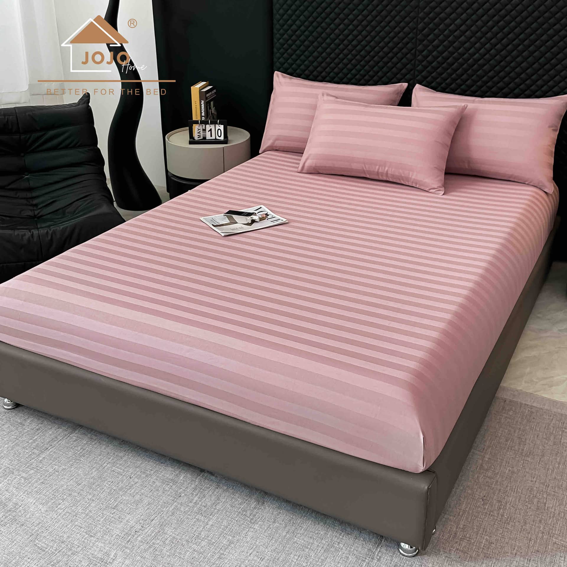 Lenjerie pat dublu, 100% bumbac, Damasc Deluxe, elastic, 6 piese, model roz pudrat cu dungi | Jojo Home – imagine produs 5