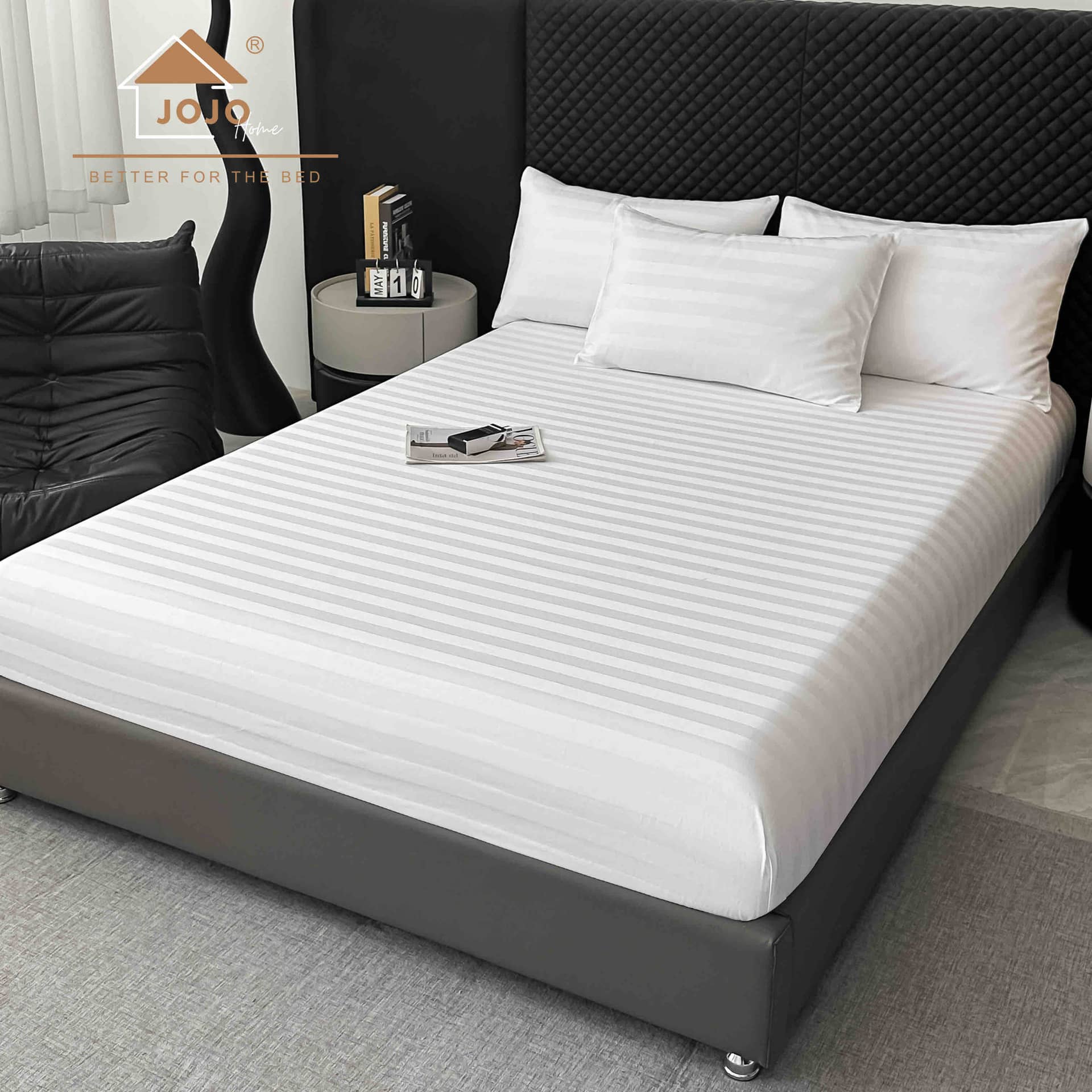 Lenjerie pat dublu, 100% bumbac, Damasc Deluxe, elastic, 6 piese, model alb cu dungi | Jojo Home – imagine produs 5