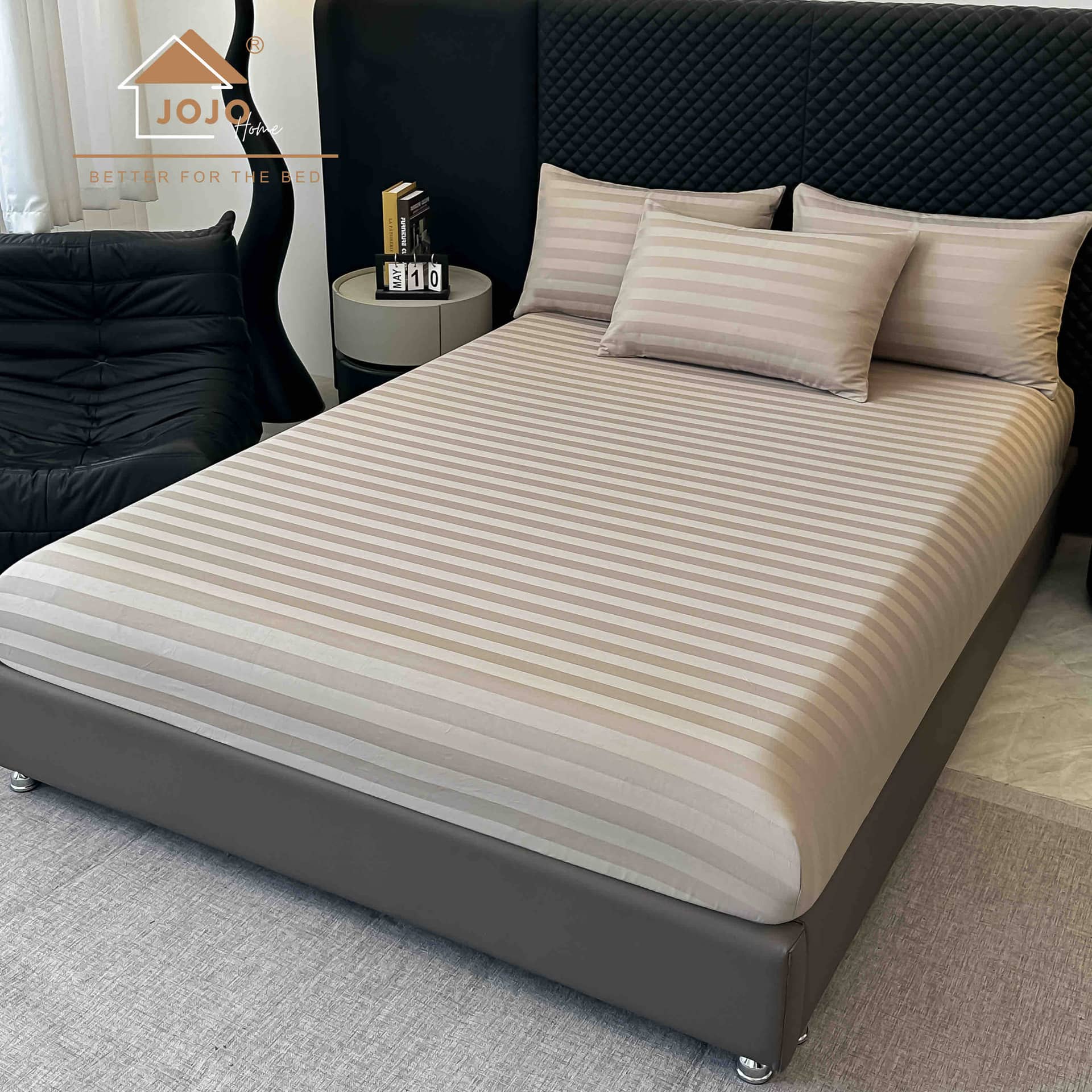 Lenjerie pat dublu, 100% bumbac, Damasc Deluxe, elastic, 6 piese, model bej cu dungi | Jojo Home – imagine produs 5