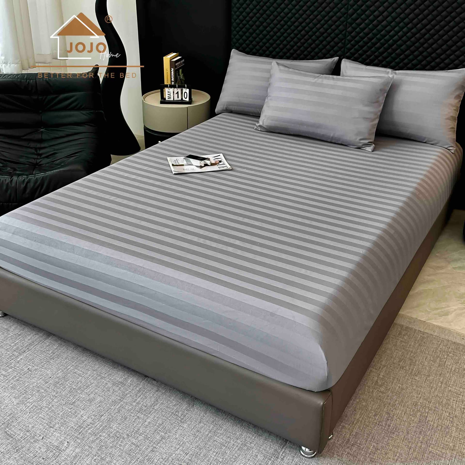 Lenjerie pat dublu, 100% bumbac, Damasc Deluxe, elastic, 6 piese, model gri lavanda cu dungi | Jojo Home – imagine produs 5