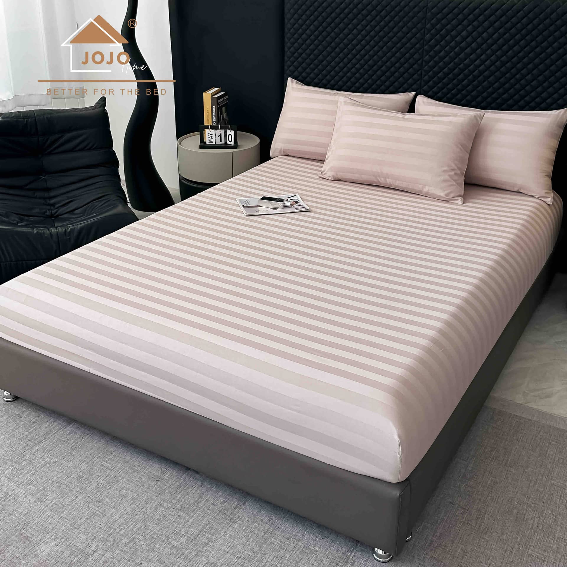 Lenjerie pat dublu, 100% bumbac, Damasc Deluxe, elastic, 6 piese, model roz somon cu dungi | Jojo Home – imagine produs 5