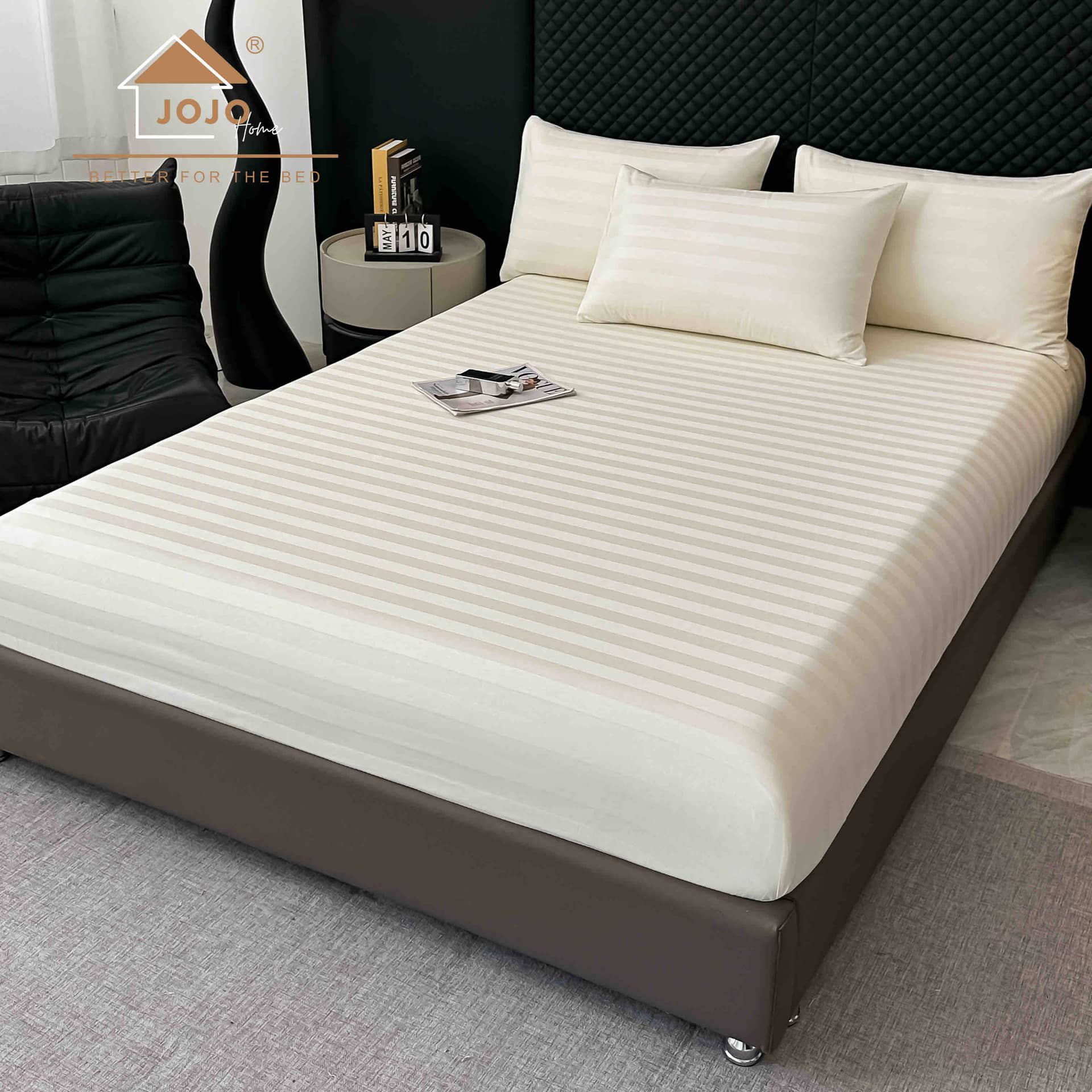 Lenjerie pat dublu, 100% bumbac, Damasc Deluxe, elastic, 6 piese, model crem cu dungi | Jojo Home – imagine produs 5