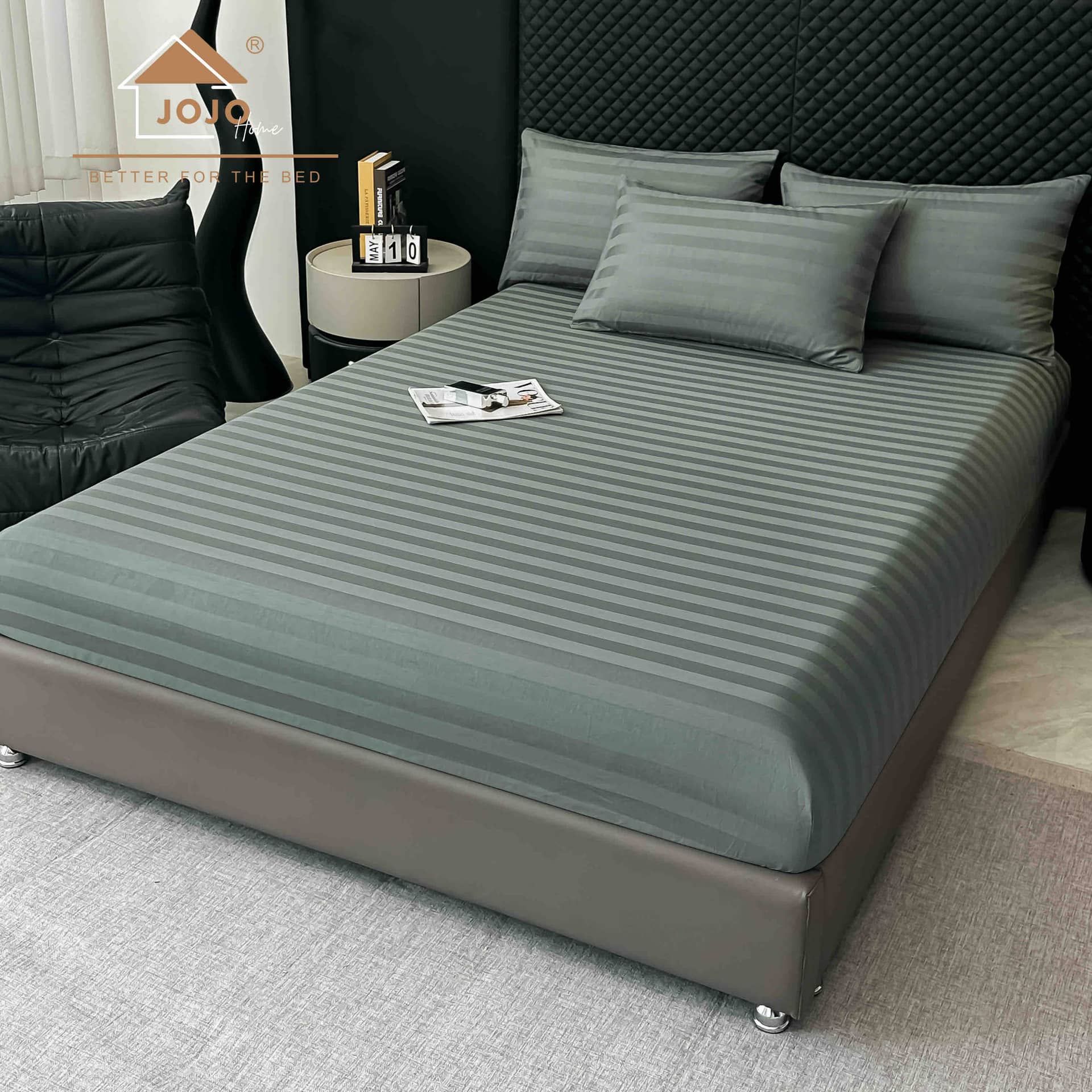 Lenjerie pat dublu, 100% bumbac, Damasc Deluxe, elastic, 6 piese, model verde salvie cu dungi | Jojo Home – imagine produs 5