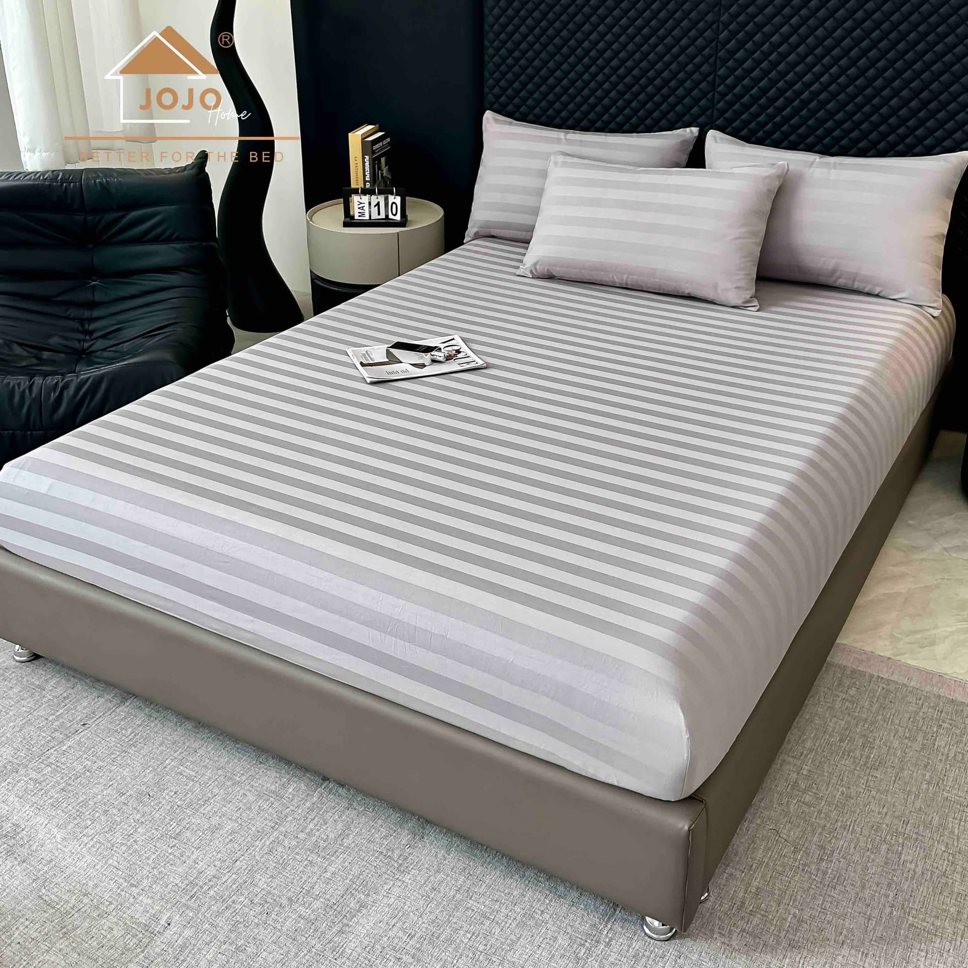 Lenjerie pat dublu, 100% bumbac, Damasc Deluxe, elastic, 6 piese, model gri deschis cu dungi | Jojo Home – imagine produs 5