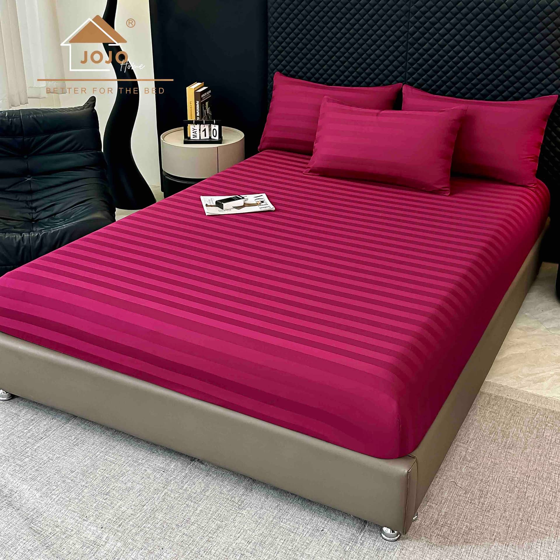 Lenjerie pat dublu, 100% bumbac, Damasc Deluxe, elastic, 6 piese, model bordo cu dungi | Jojo Home – imagine produs 5