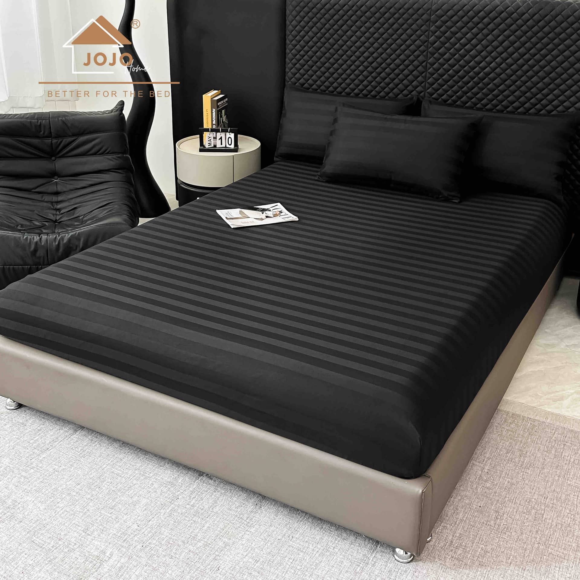 Lenjerie pat dublu, 100% bumbac, Damasc Deluxe, elastic, 6 piese, model negru cu dungi | Jojo Home – imagine produs 5