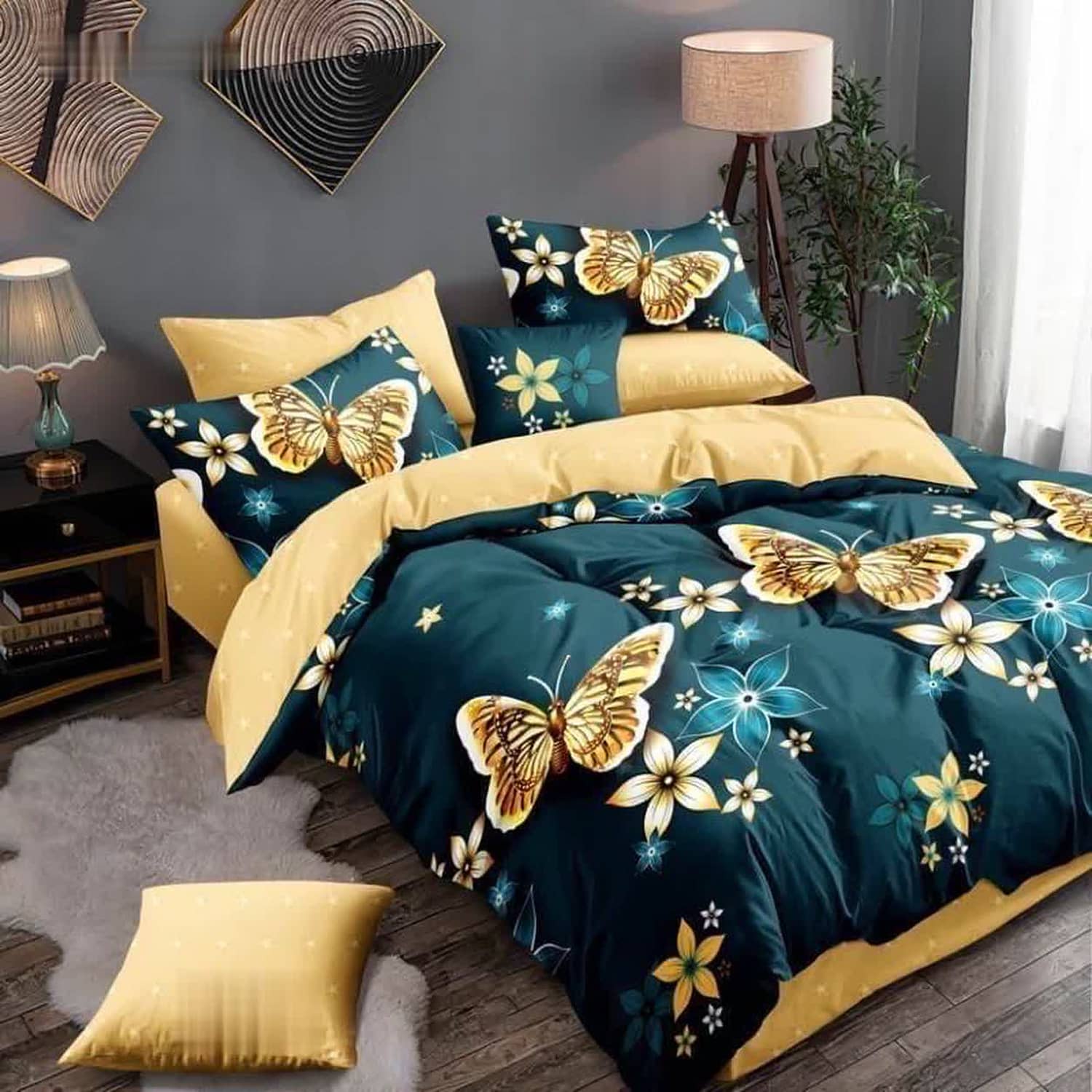 Lenjerie pat dublu, finet gros, elastic, 6 piese, model verde petrol cu flori aurii | East Comfort
