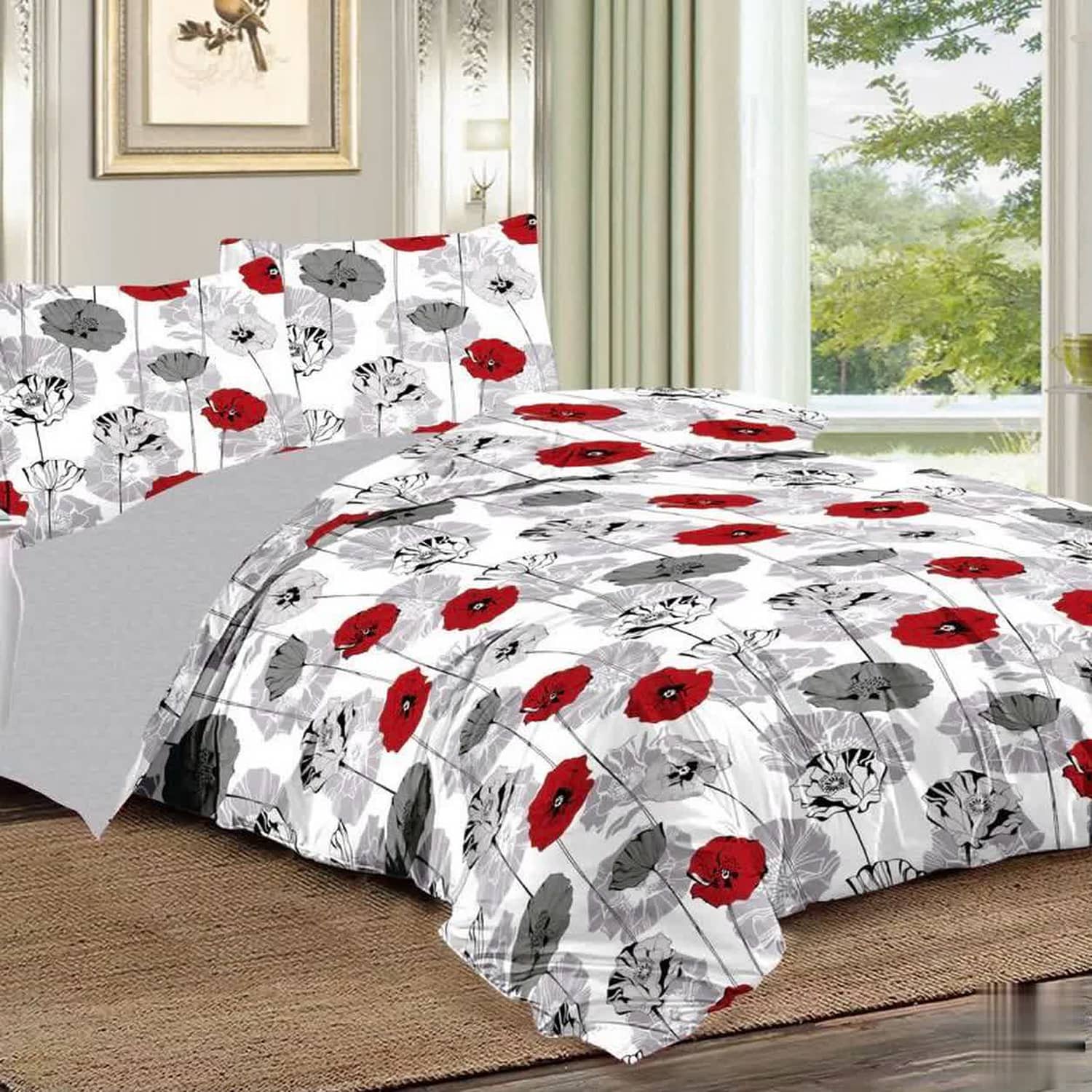Lenjerie pat dublu, finet gros, elastic, 6 piese, model alb cu maci rosii | East Comfort