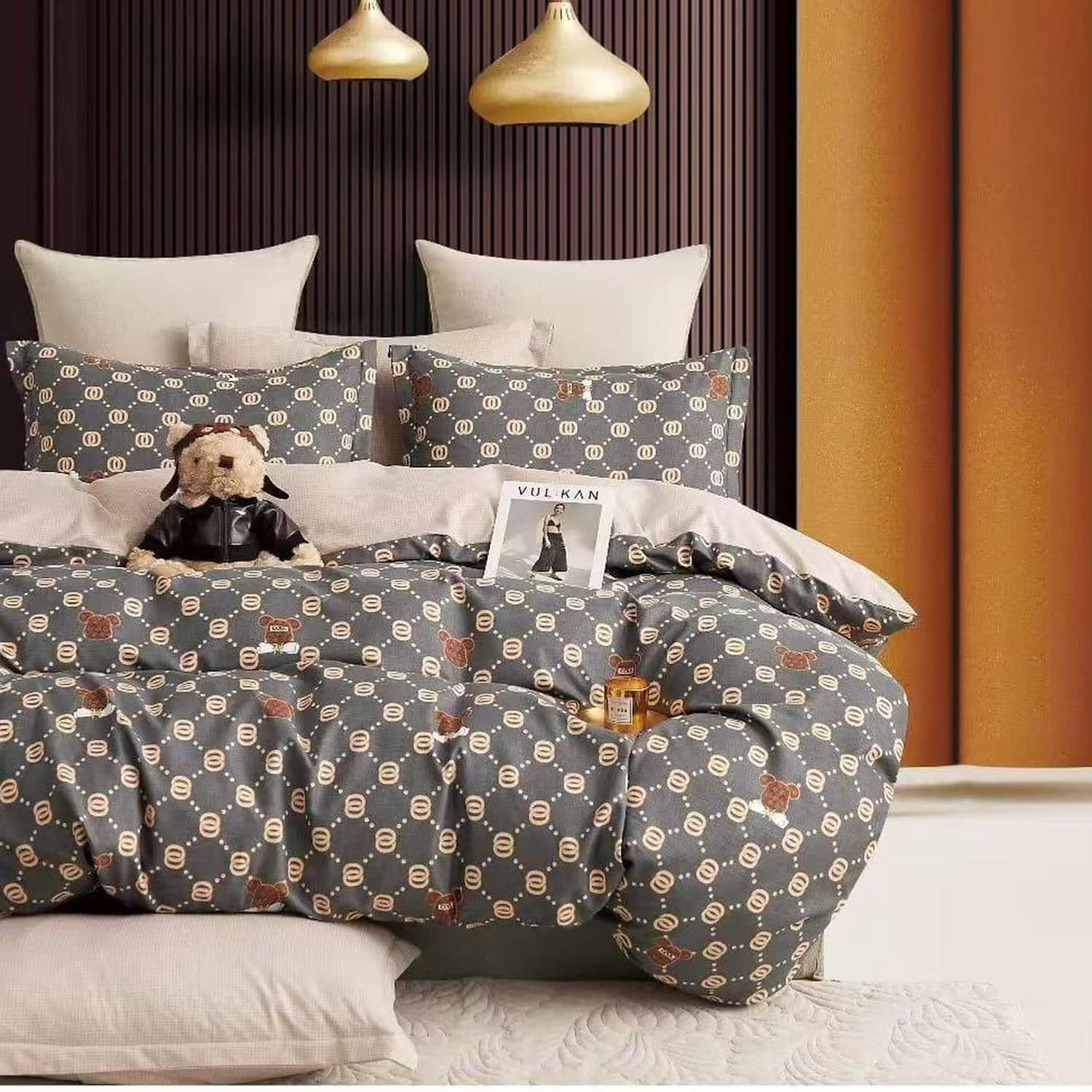 Lenjerie pat dublu, finet gros, elastic, 6 piese, model gri cu romburi si ursulet | East Comfort