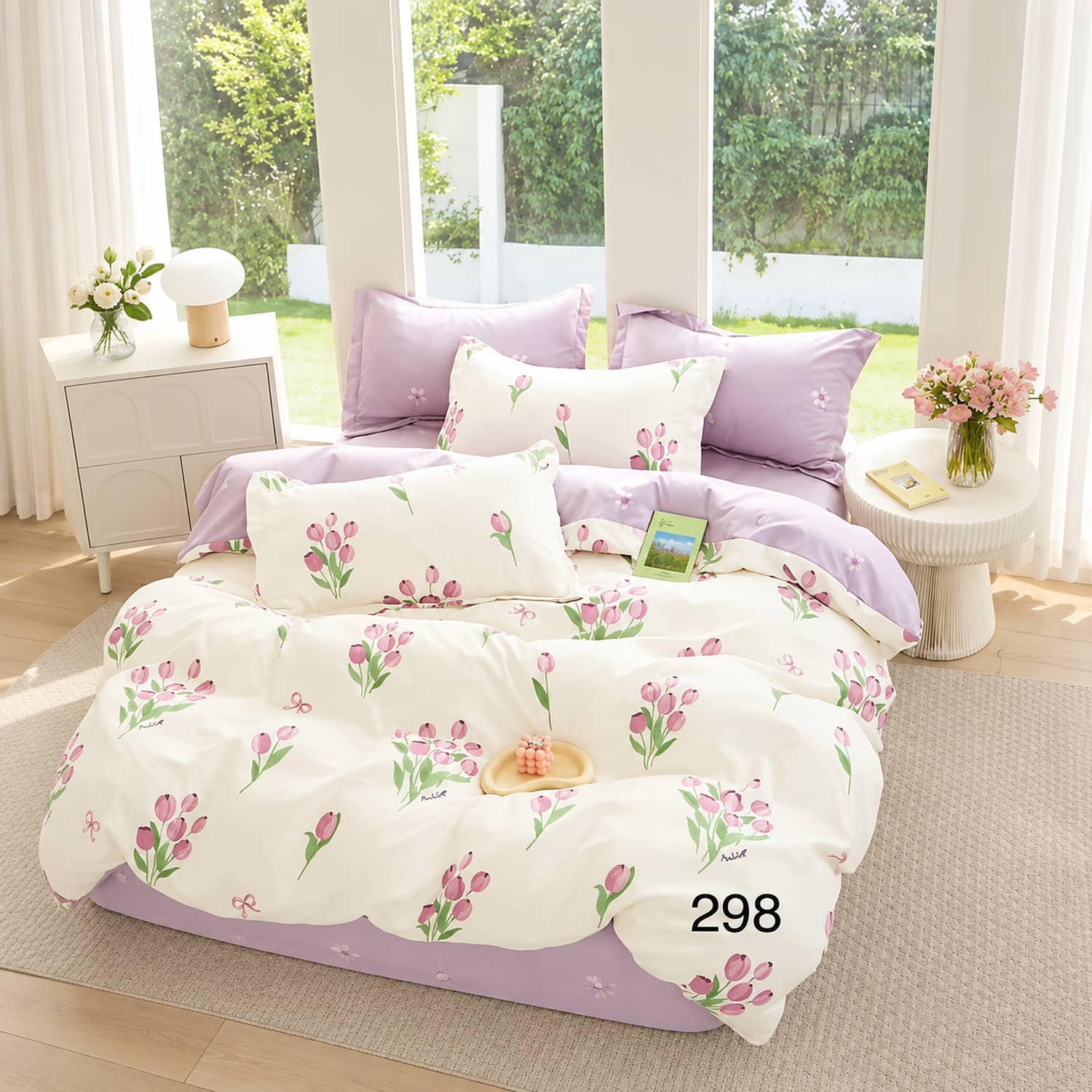 Lenjerie pat dublu, finet gros, elastic, 6 piese, model crem cu flori roz | East Comfort