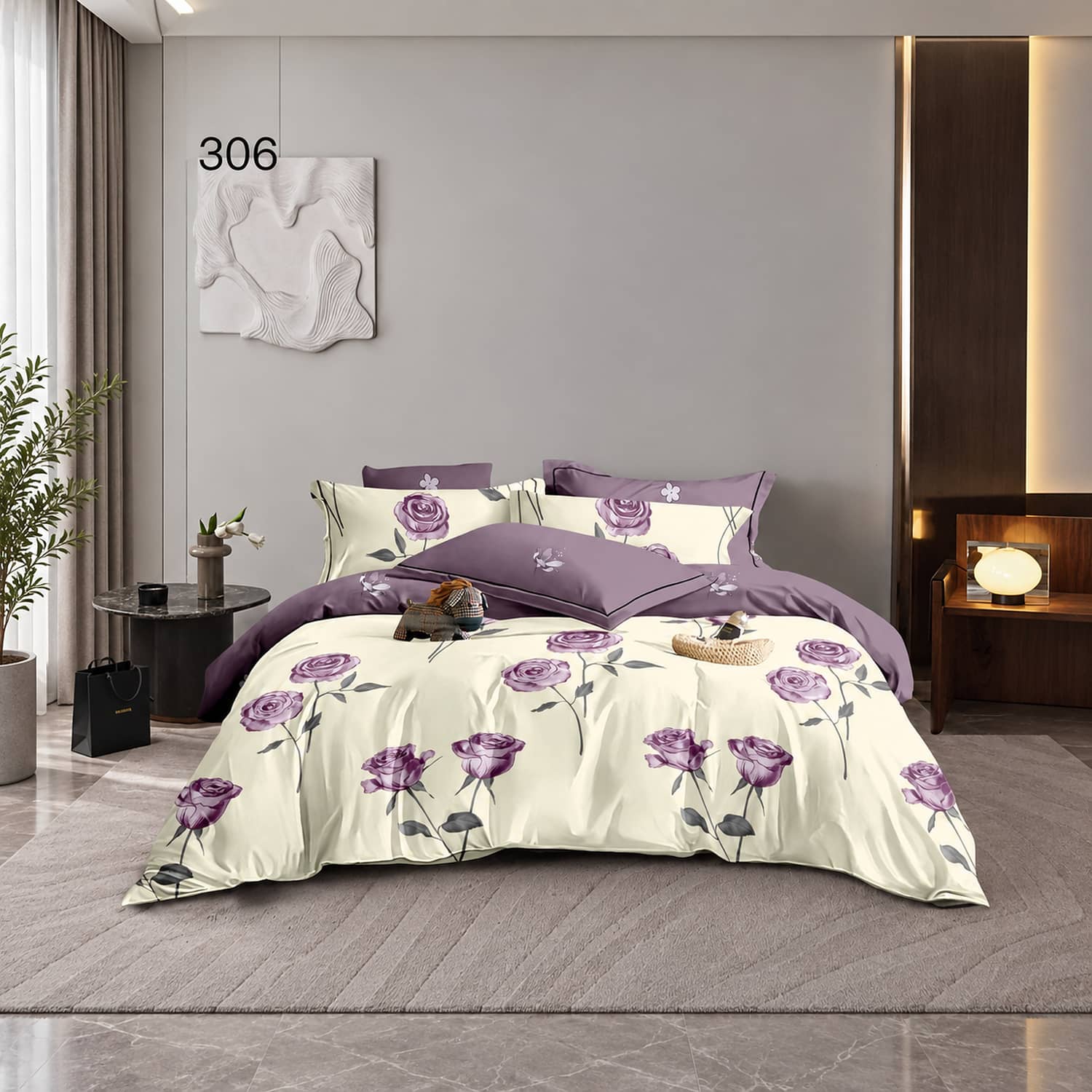 Lenjerie pat dublu, finet gros, elastic, 6 piese, model crem cu orhidee mov | East Comfort