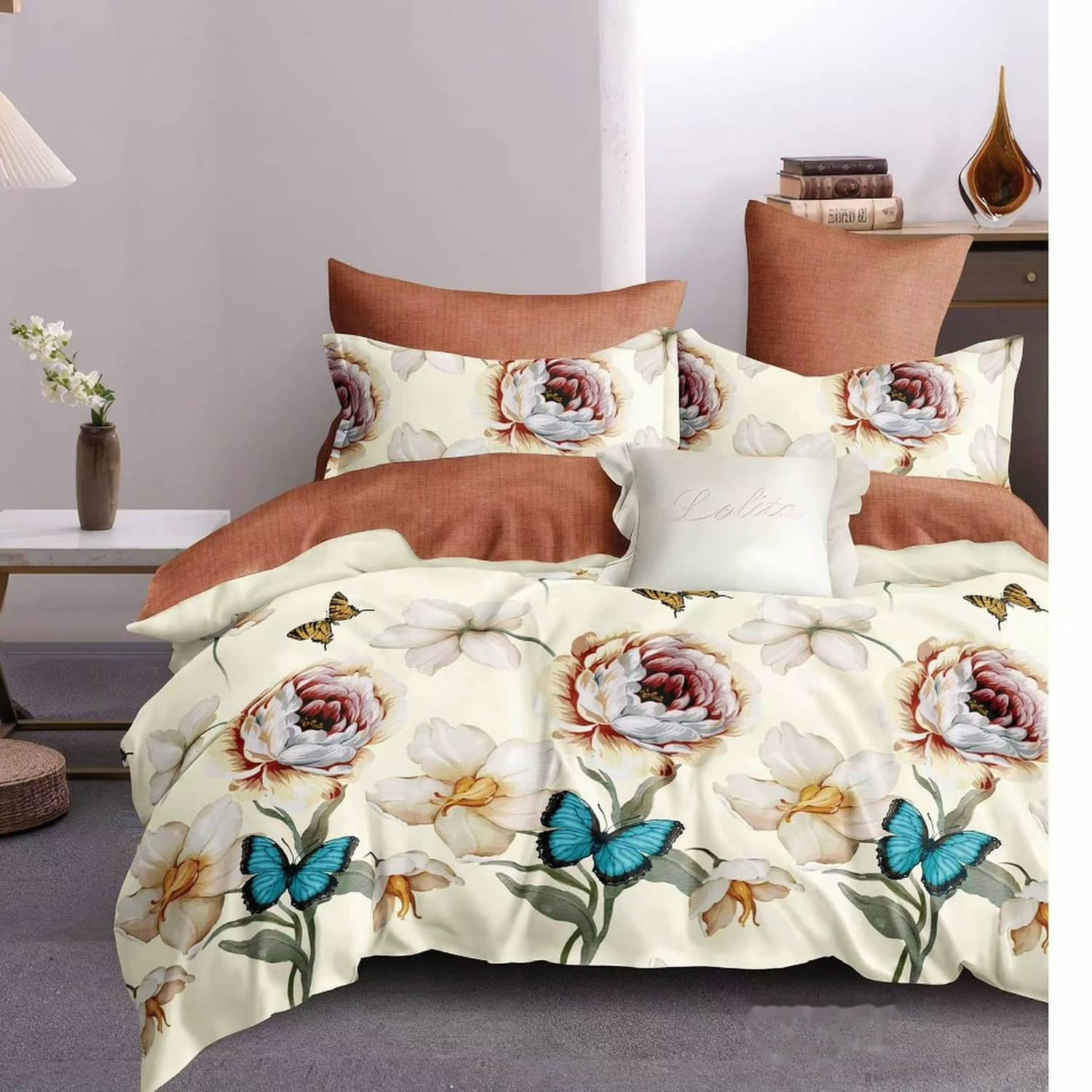 Lenjerie pat dublu, finet gros, elastic, 6 piese, model crem cu flori multicolore | East Comfort