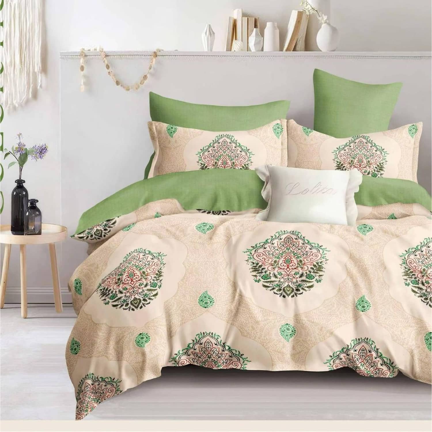 Lenjerie pat dublu, finet gros, elastic, 6 piese, model crem verde cu medalioane | East Comfort