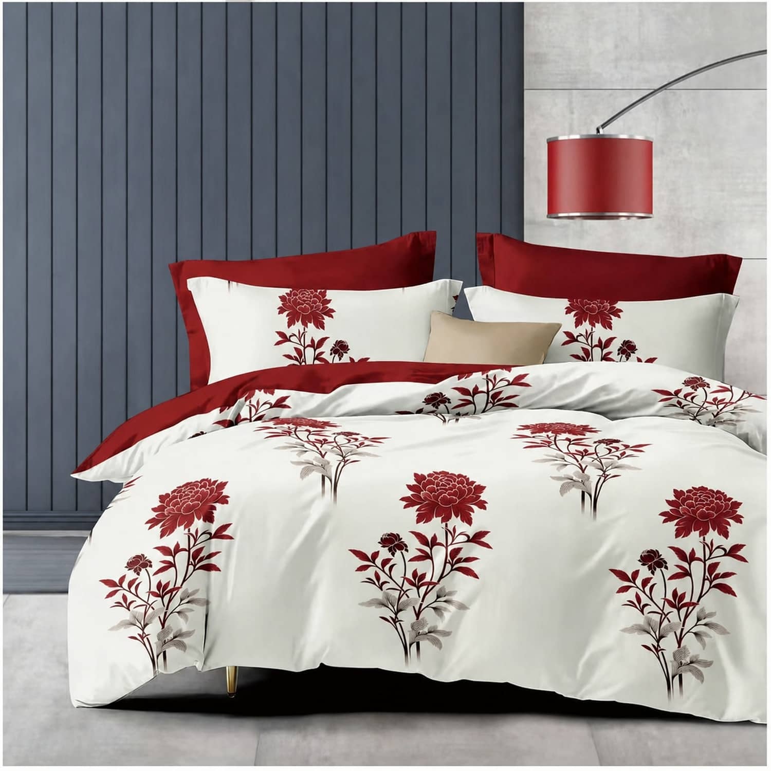 Lenjerie pat dublu, finet gros, elastic, 6 piese, model alb cu flori rosii | East Comfort