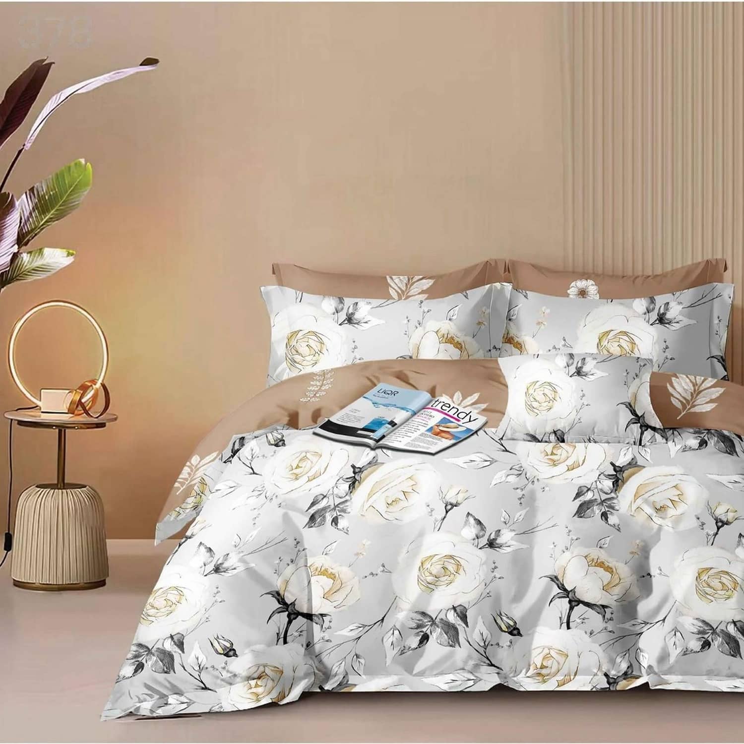 Lenjerie pat dublu, finet gros, elastic, 6 piese, model alb cu flori gri si galbene | East Comfort