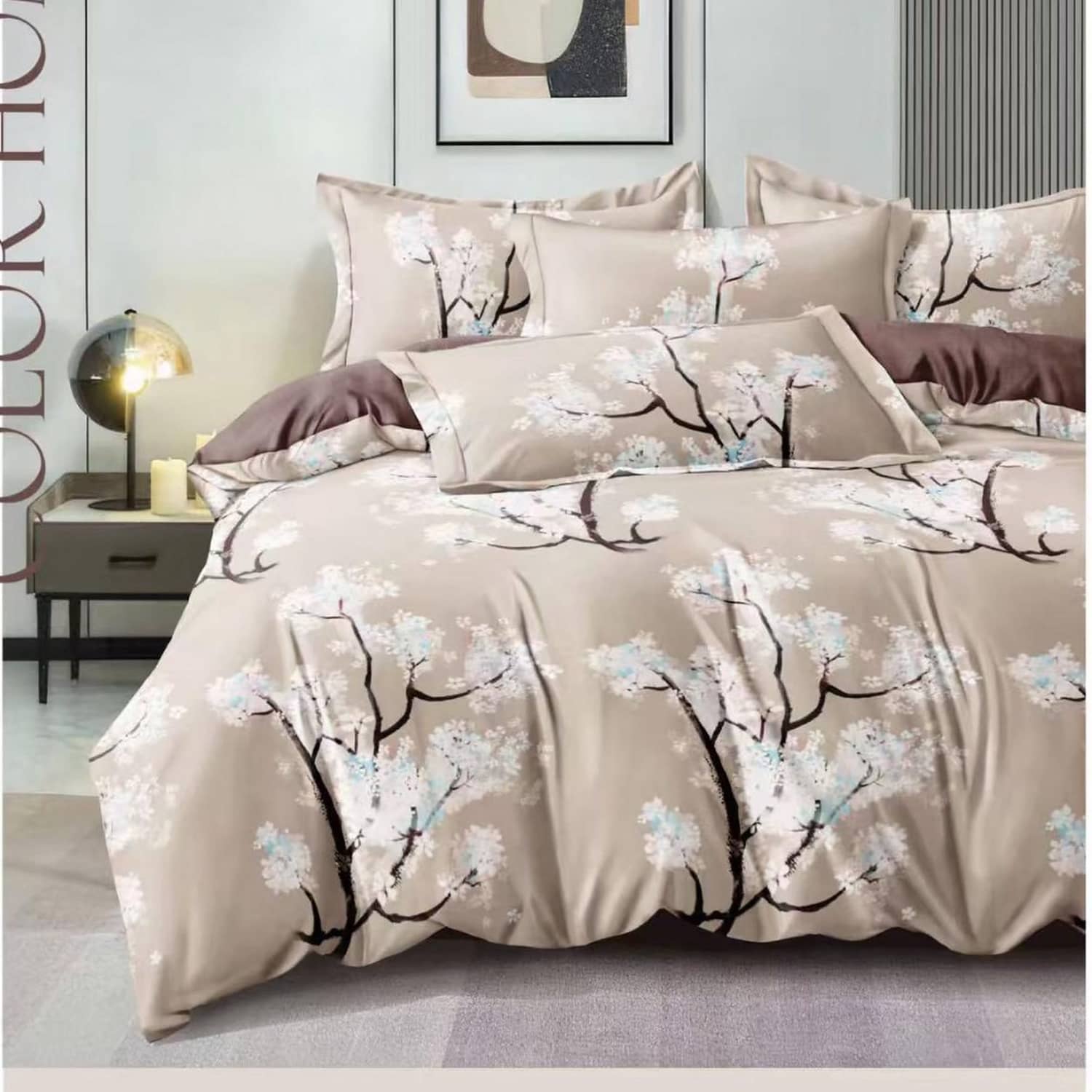 Lenjerie pat dublu, finet gros, elastic, 6 piese, model bej cu flori albe | East Comfort
