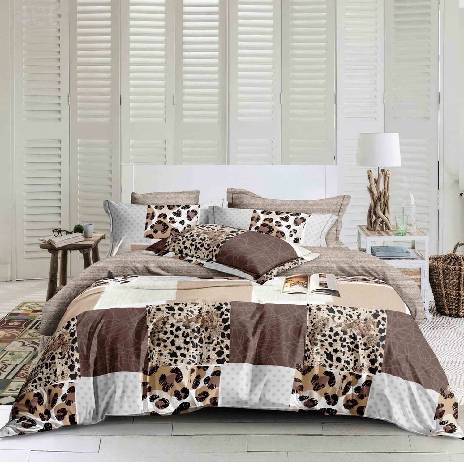 Lenjerie pat dublu, finet gros, elastic, 6 piese, model maro cu leopard si dungi | East Comfort