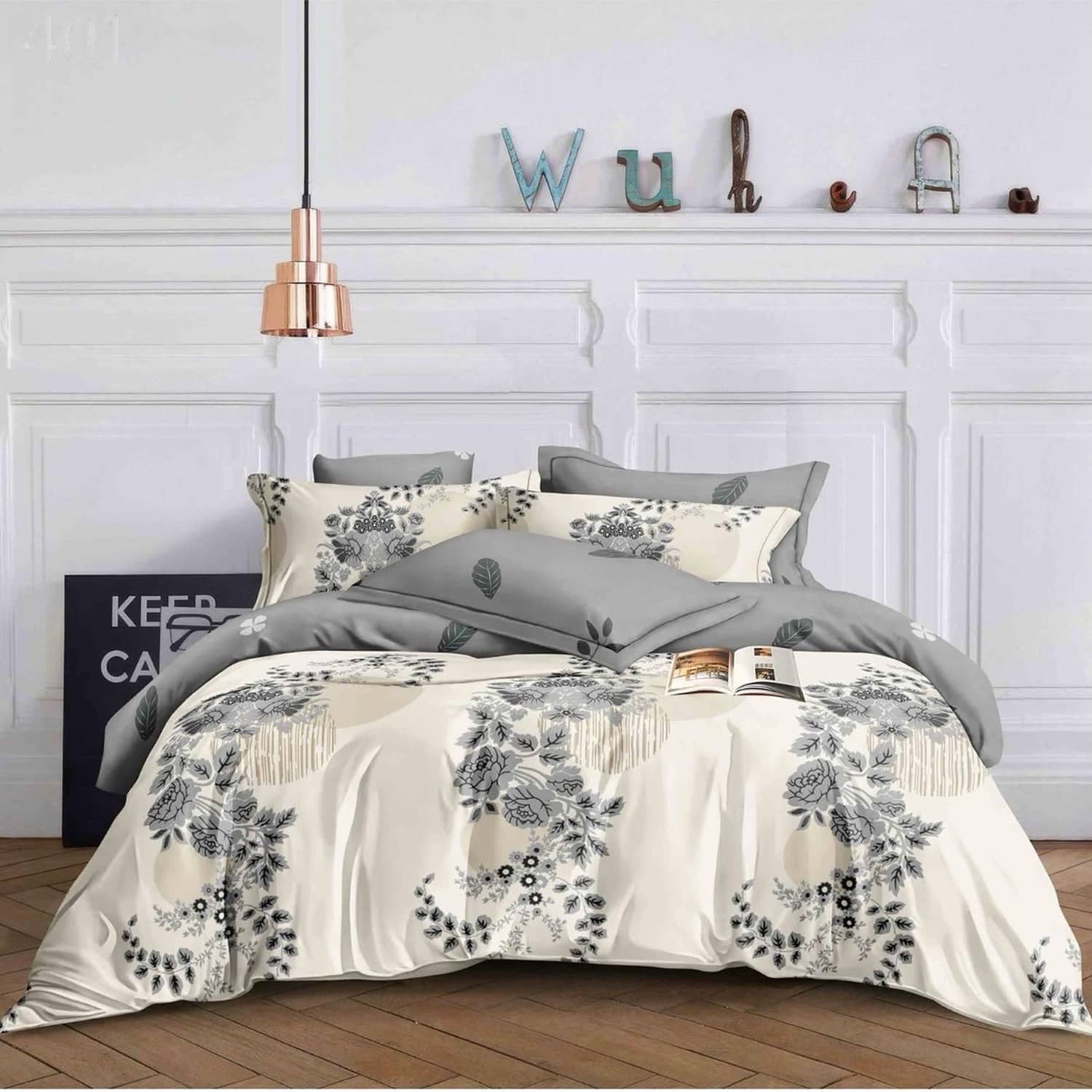Lenjerie pat dublu, finet gros, elastic, 6 piese, model crem gri cu copaci | East Comfort