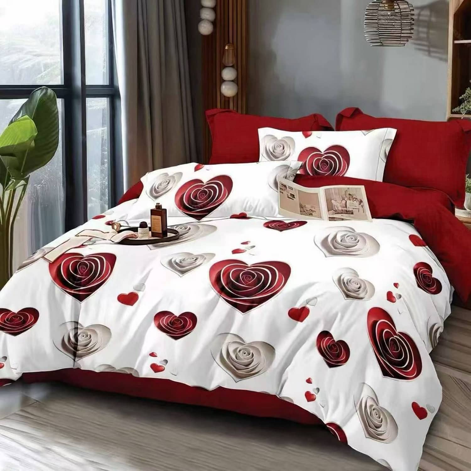 Lenjerie pat dublu, finet gros, elastic, 6 piese, model alb rosu cu trandafiri | East Comfort
