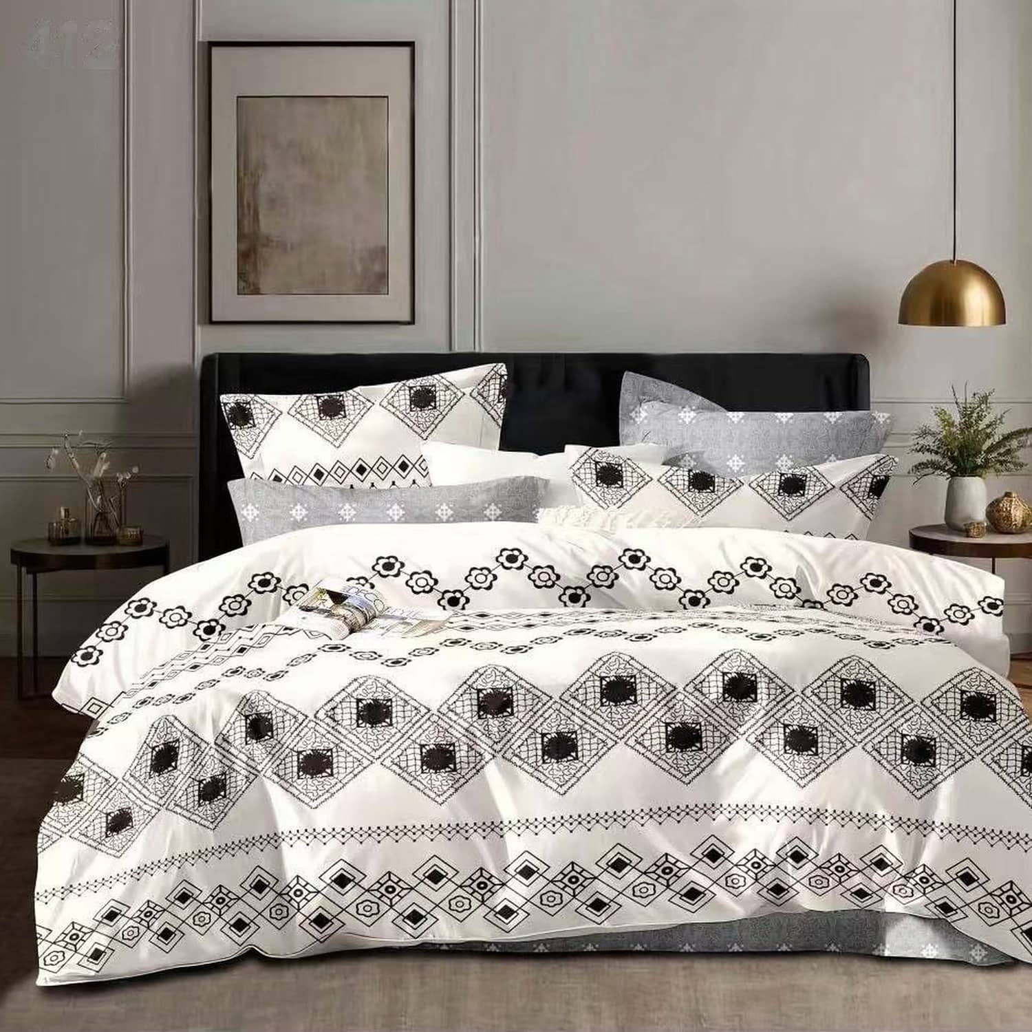 Lenjerie pat dublu, finet gros, elastic, 6 piese, model alb negru cu motive etnice | East Comfort