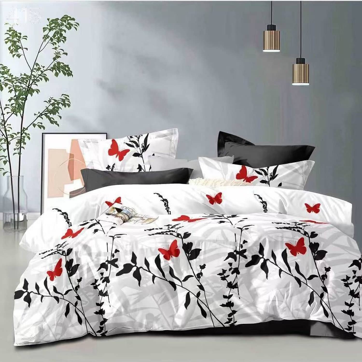 Lenjerie pat dublu, finet gros, elastic, 6 piese, model alb cu ramuri rosii | East Comfort