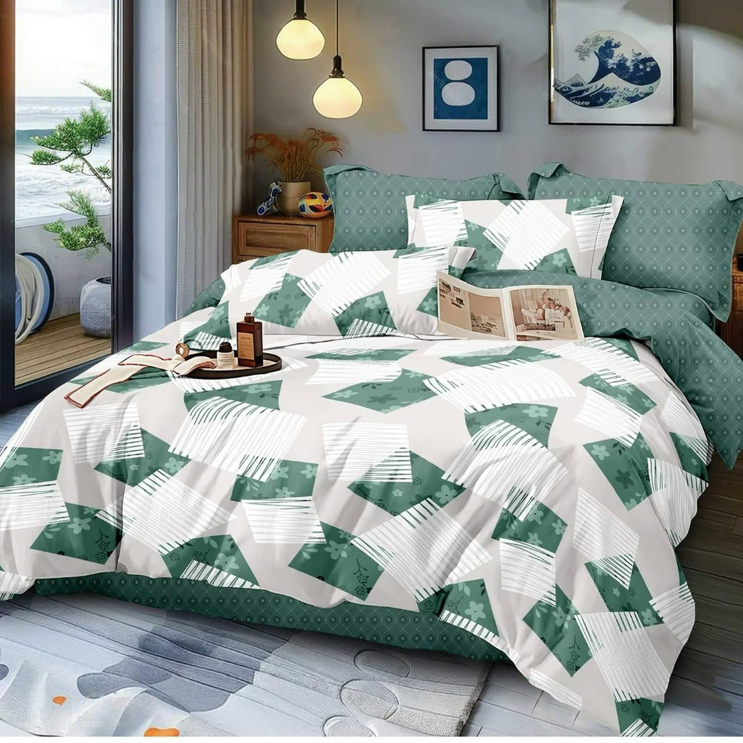 Lenjerie pat dublu, finet gros, elastic, 6 piese, model verde cu forme geometrice | East Comfort