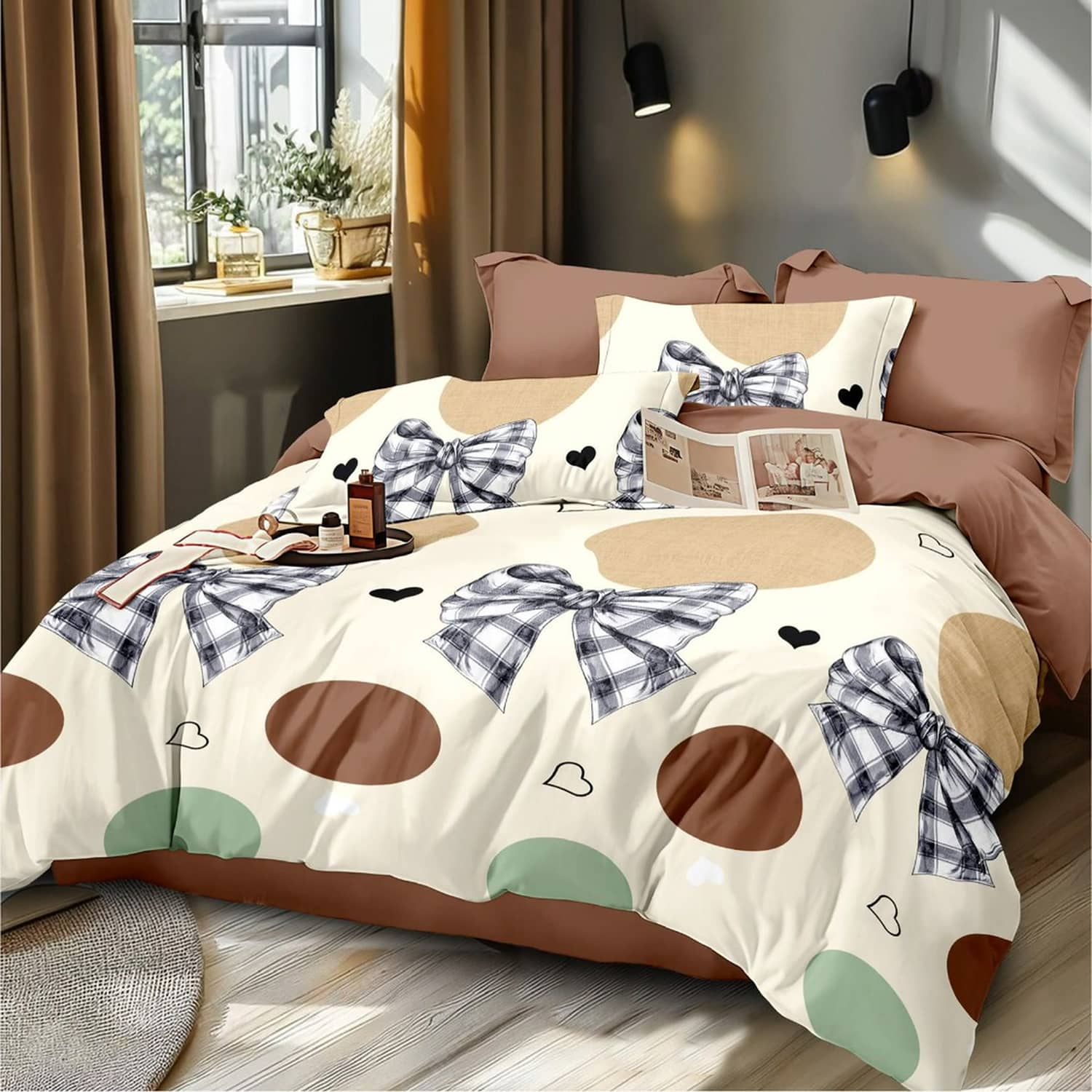 Lenjerie pat dublu, finet gros, elastic, 6 piese, model crem cu forme abstracte | East Comfort
