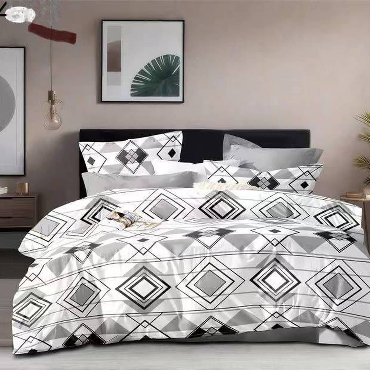 Lenjerie pat dublu, finet gros, elastic, 6 piese, model alb gri cu romburi | East Comfort