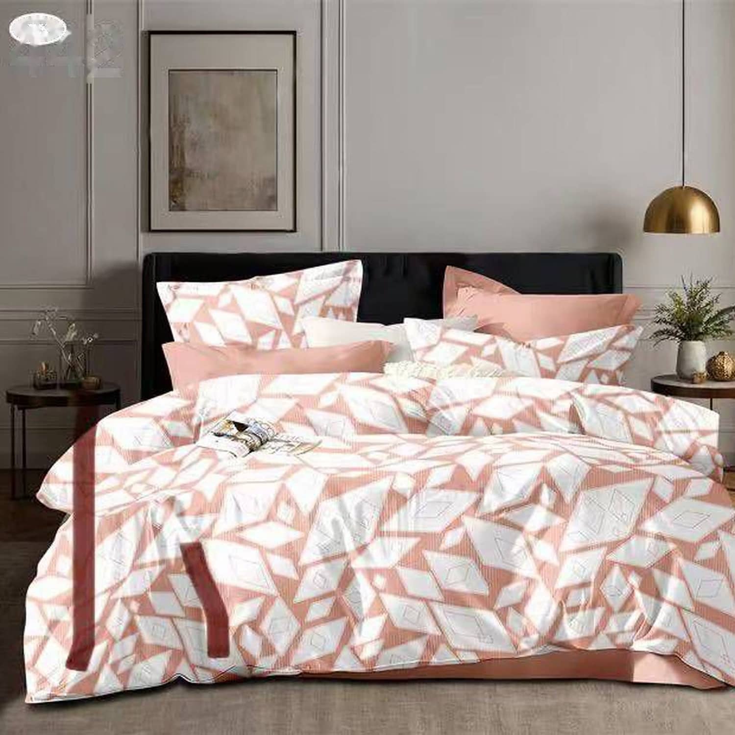 Lenjerie pat dublu, finet gros, elastic, 6 piese, model alb somon cu triunghiuri | East Comfort