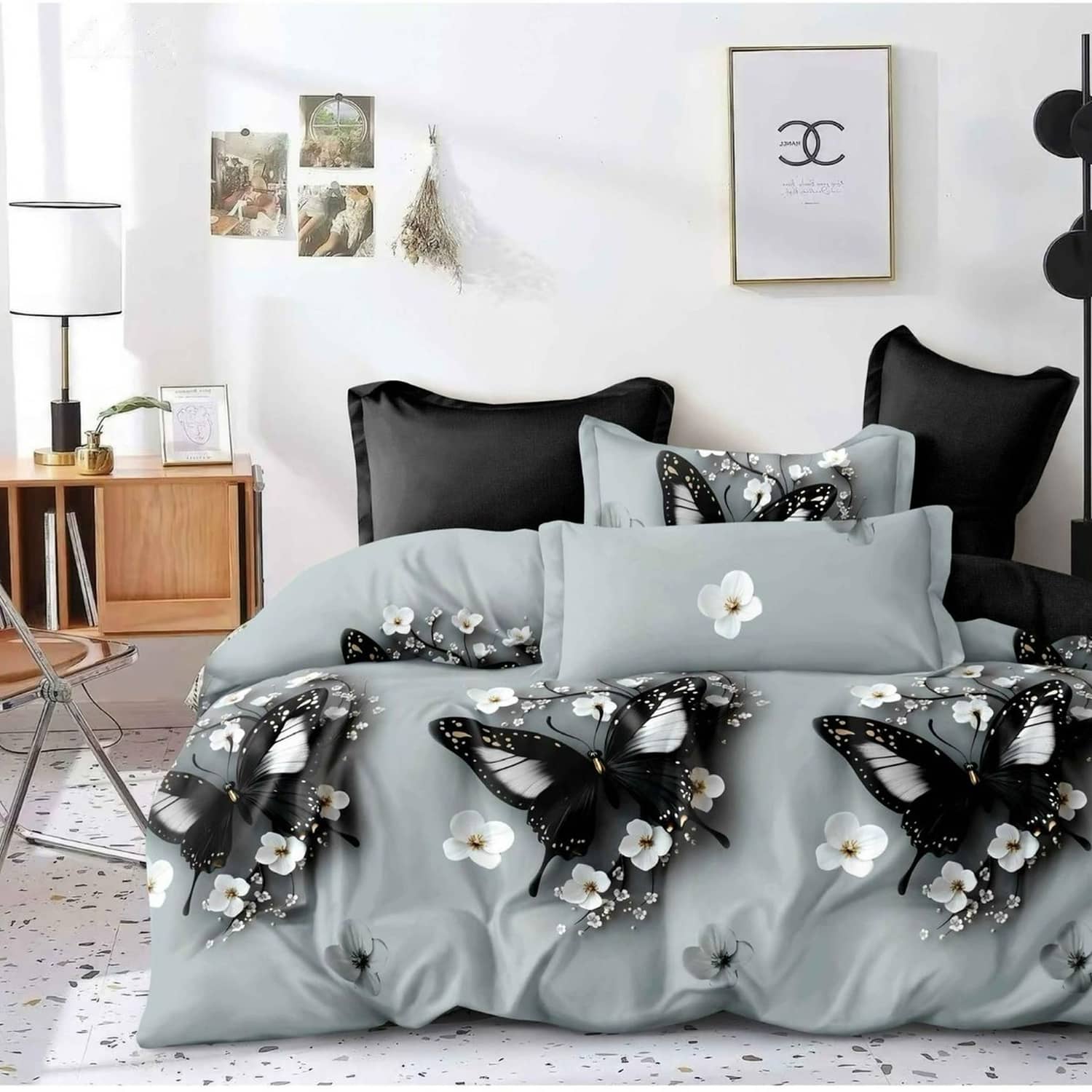 Lenjerie pat dublu, finet gros, elastic, 6 piese, model gri cu motive negre | East Comfort