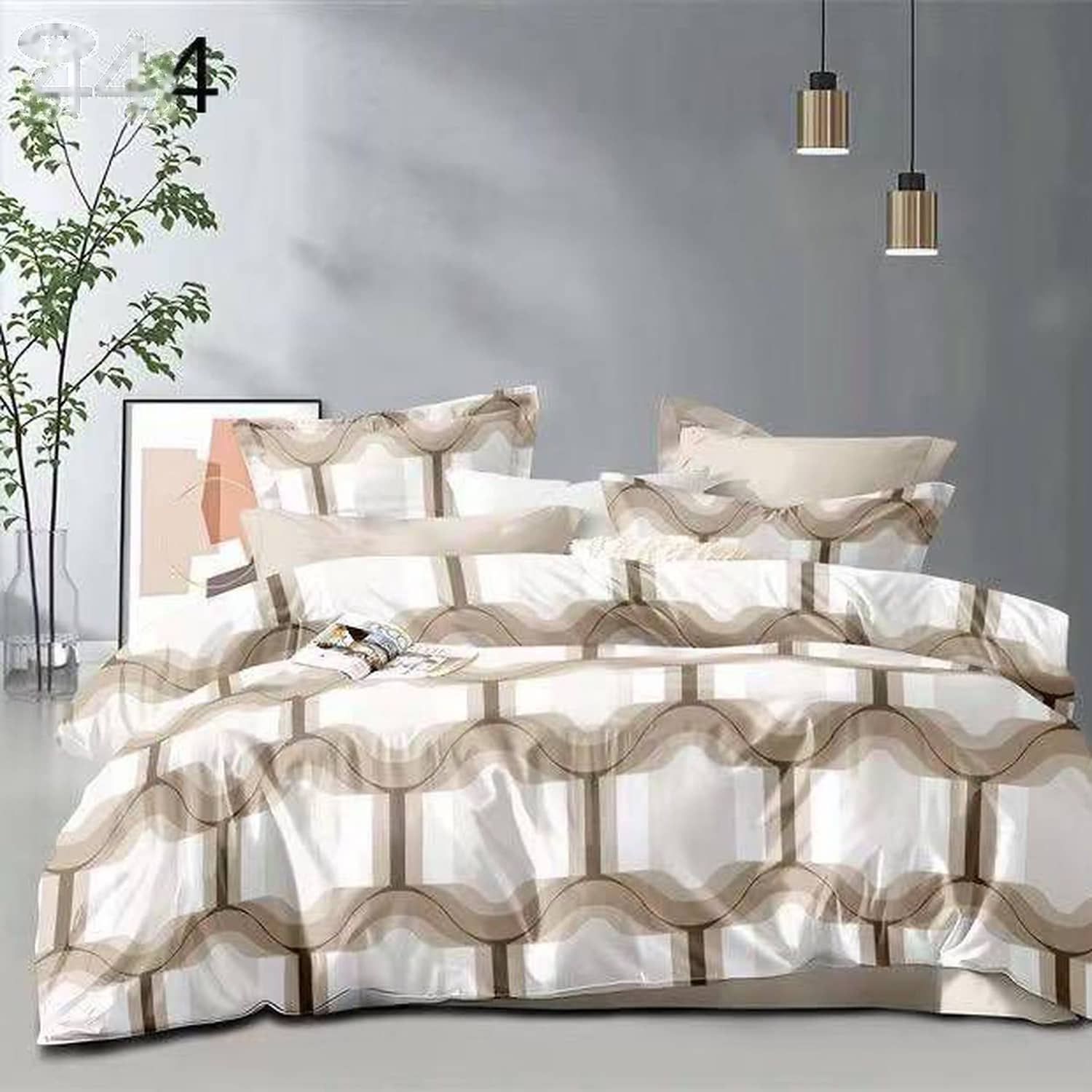 Lenjerie pat dublu, finet gros, elastic, 6 piese, model bej cu carouri mari | East Comfort