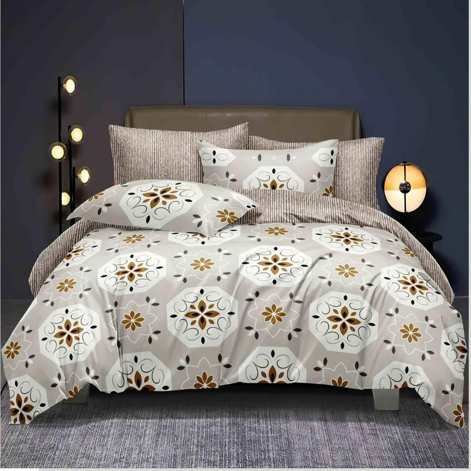 Lenjerie pat dublu, finet gros, elastic, 6 piese, model crem cu motive florale stilizate | East Comfort