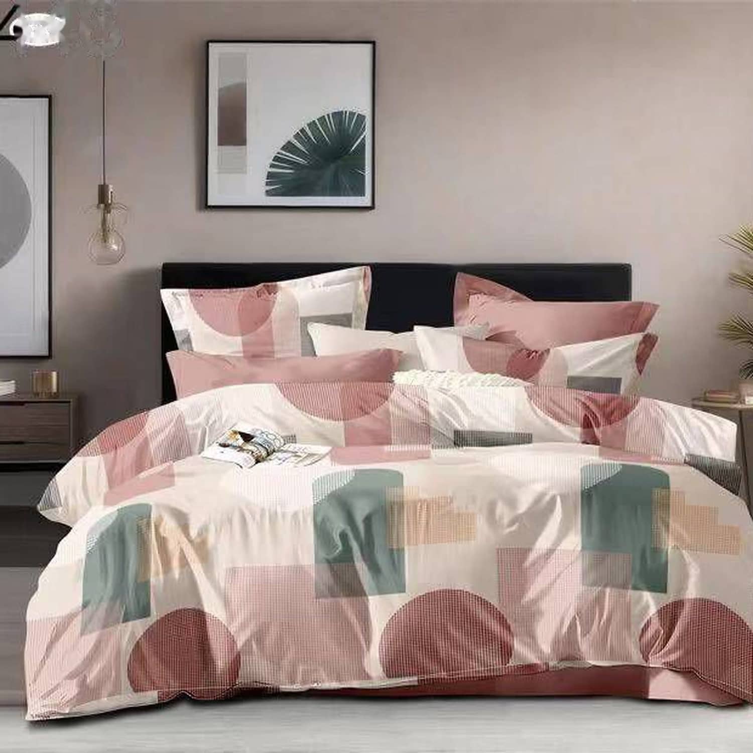 Lenjerie pat dublu, finet gros, elastic, 6 piese, model roz gri cu blocuri geometrice | East Comfort