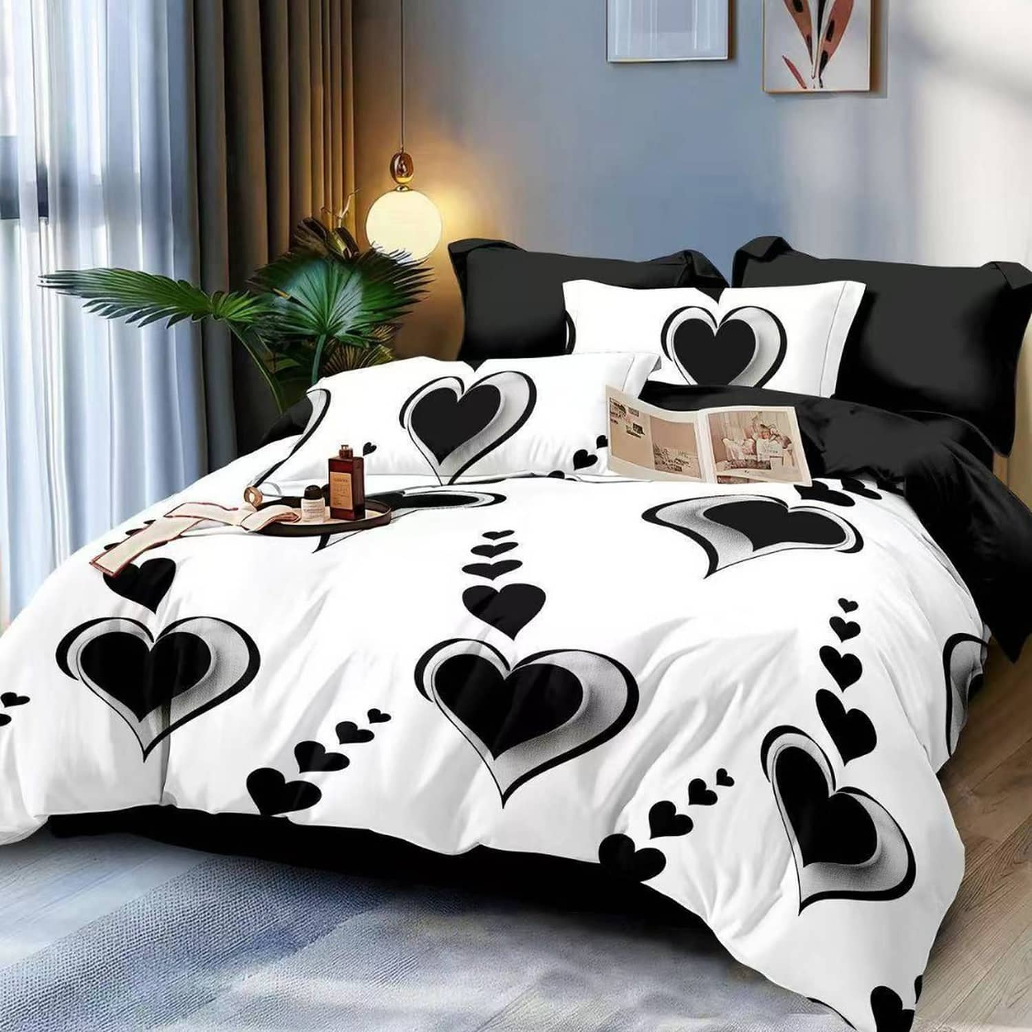 Lenjerie pat dublu, finet gros, elastic, 6 piese, model alb negru cu inimi | East Comfort