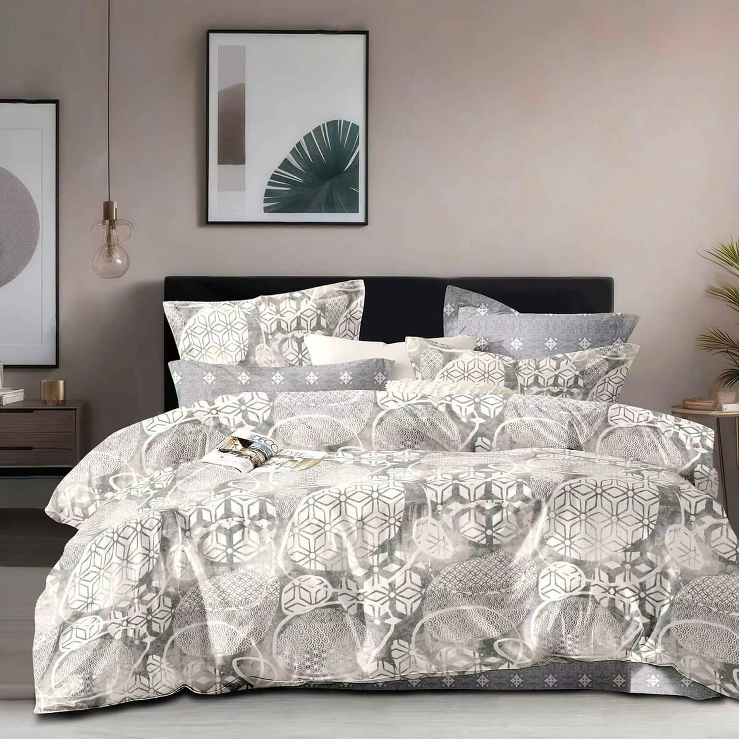 Lenjerie pat dublu, finet gros, elastic, 6 piese, model alb gri cu mandale | East Comfort