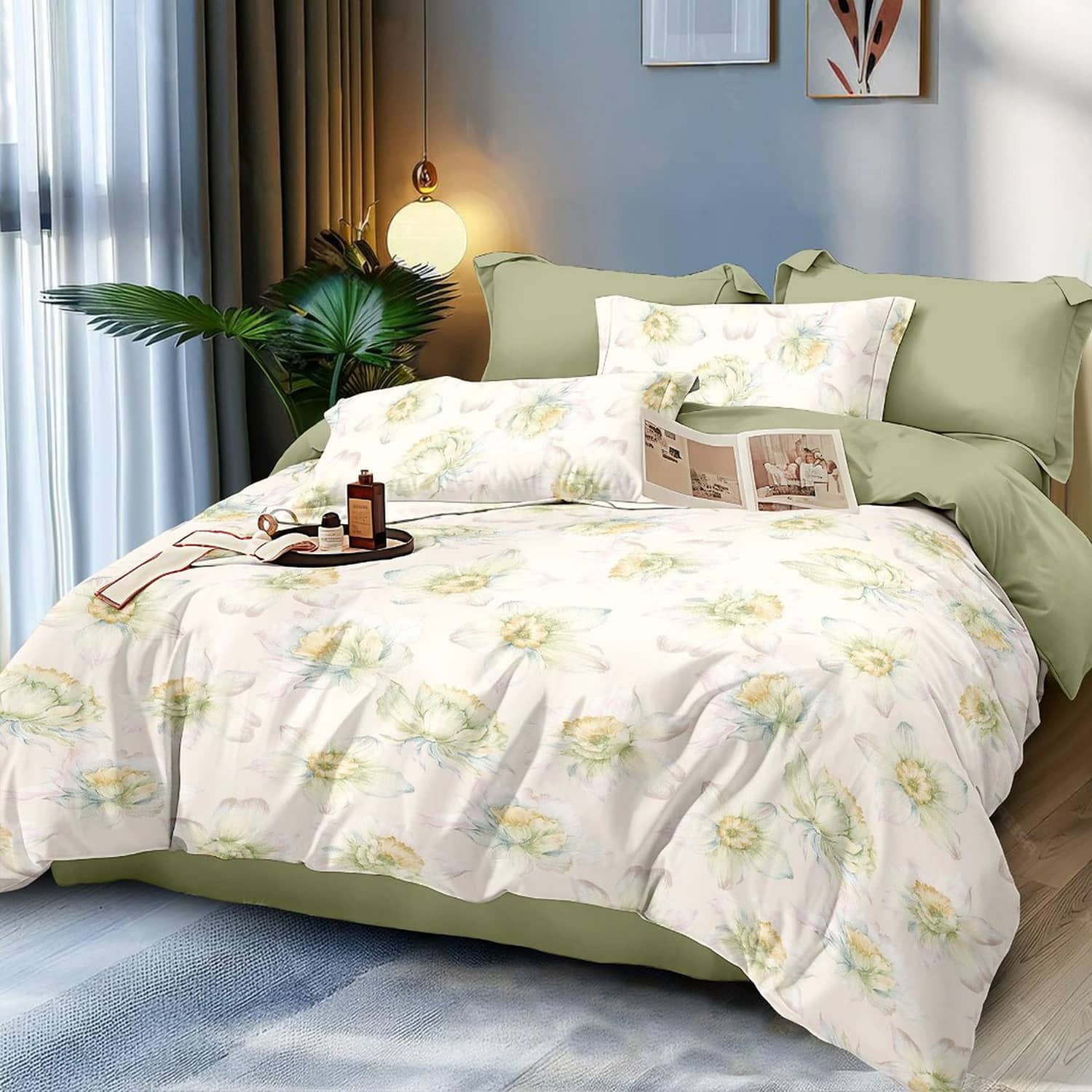 Lenjerie pat dublu, finet gros, elastic, 6 piese, model crem verde cu pene | East Comfort