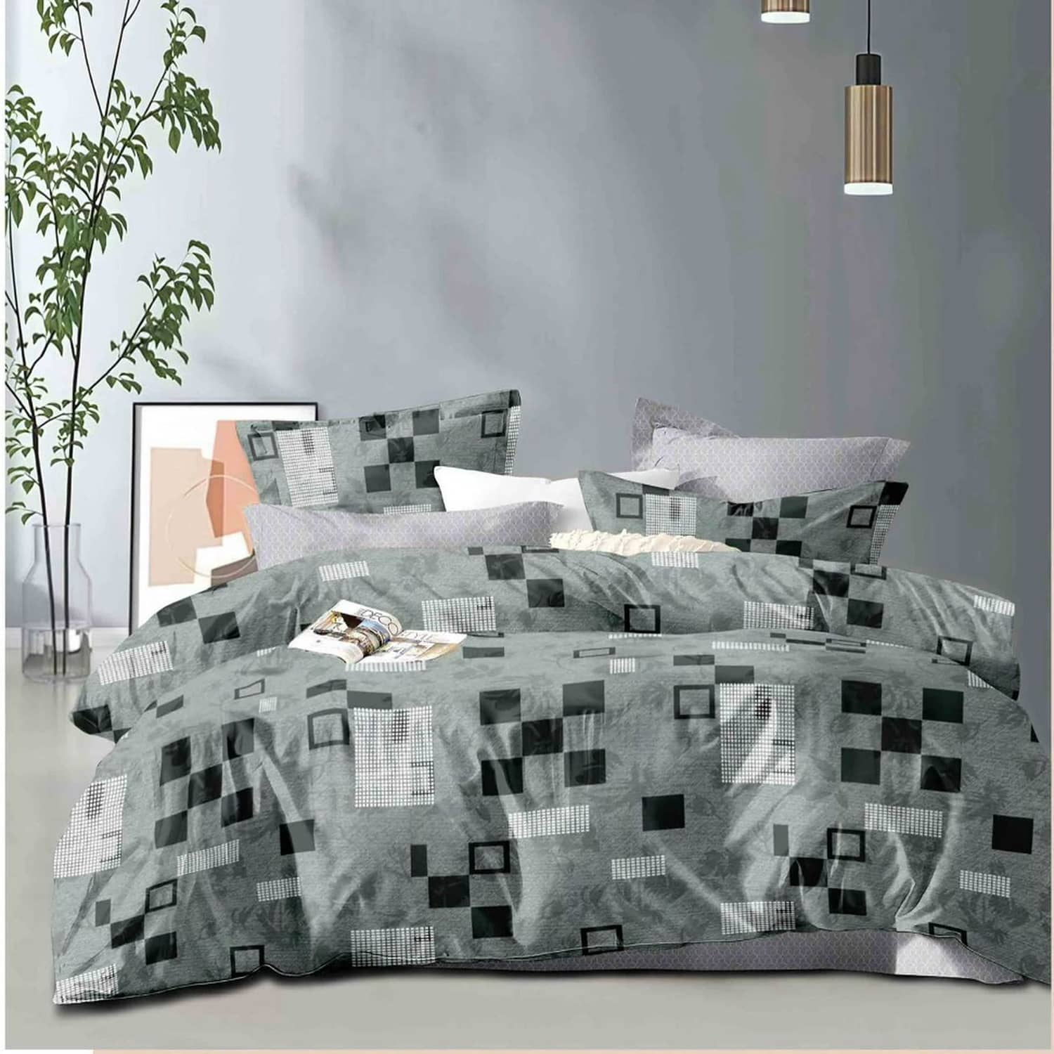 Lenjerie pat dublu, finet gros, elastic, 6 piese, model gri cu mozaic | East Comfort