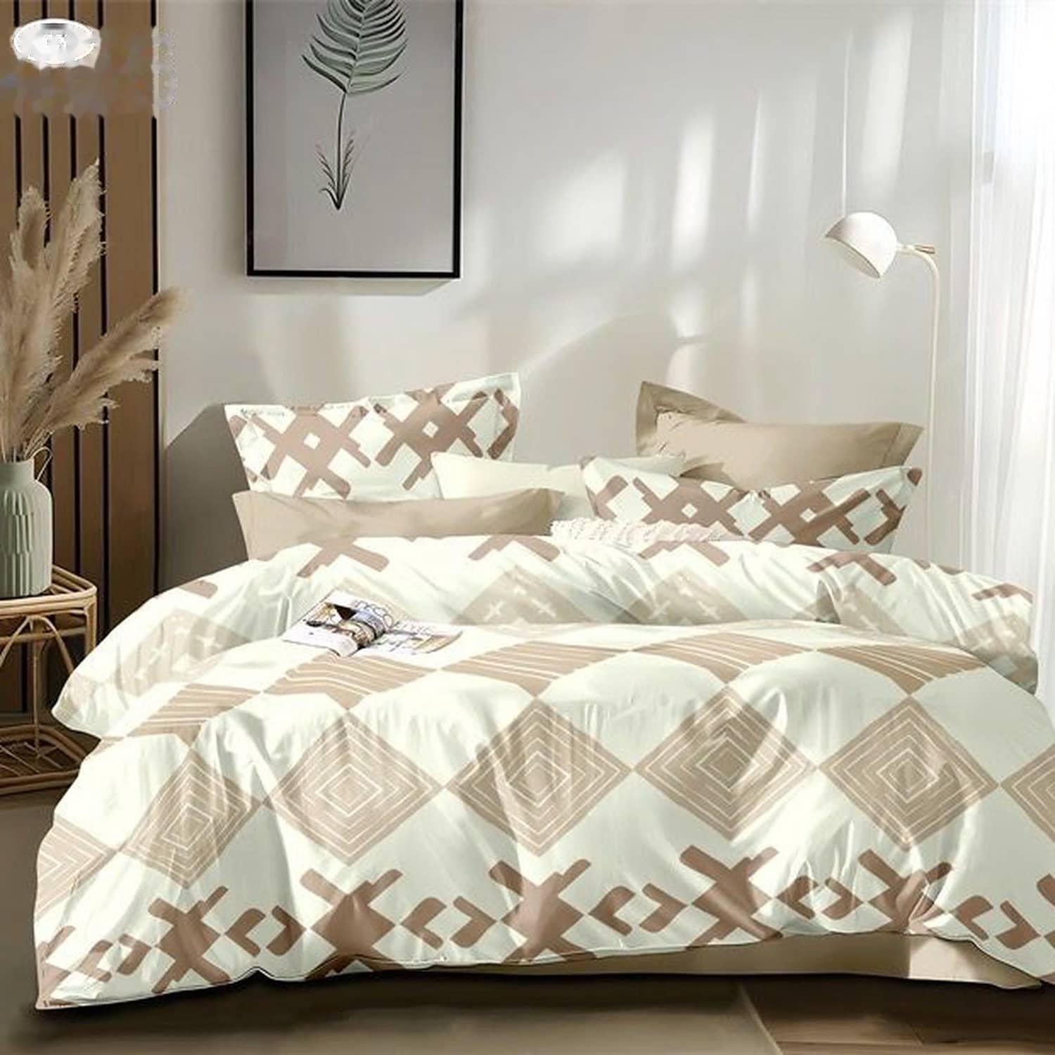 Lenjerie pat dublu, finet gros, elastic, 6 piese, model bej cu romburi mari | East Comfort
