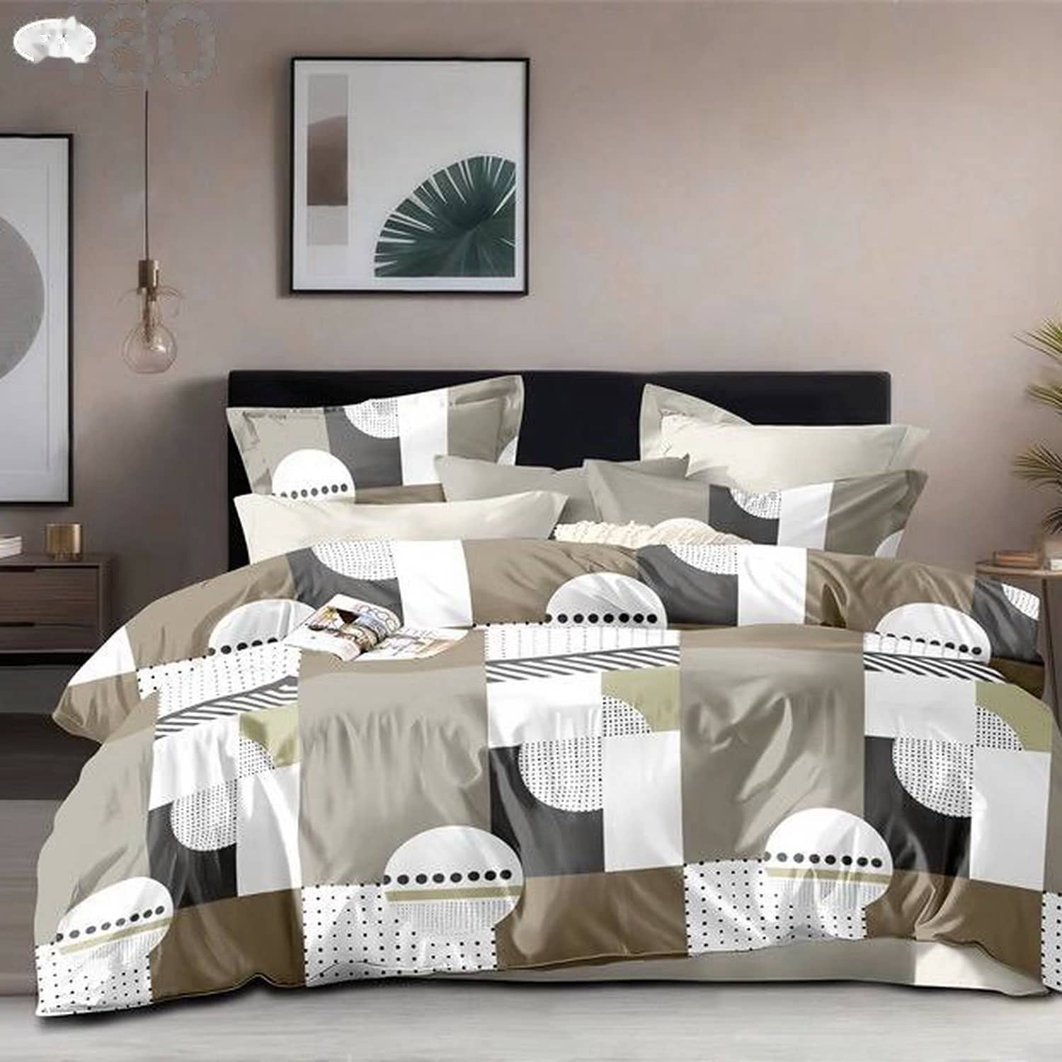Lenjerie pat dublu, finet gros, elastic, 6 piese, model gri bej cu cercuri | East Comfort