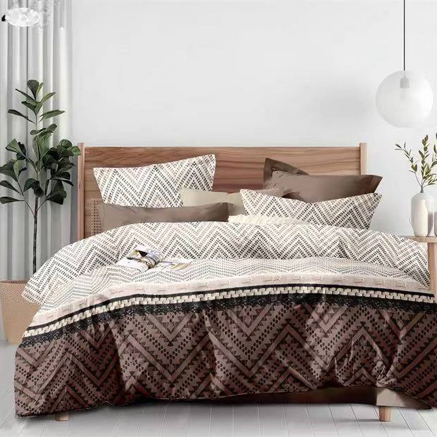 Lenjerie pat dublu, finet gros, elastic, 6 piese, model maro cu zigzaguri etnice | East Comfort