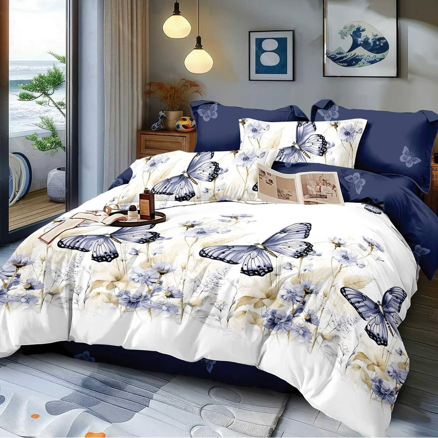Lenjerie pat dublu, finet gros, elastic, 6 piese, model alb albastru cu flori galbene | East Comfort